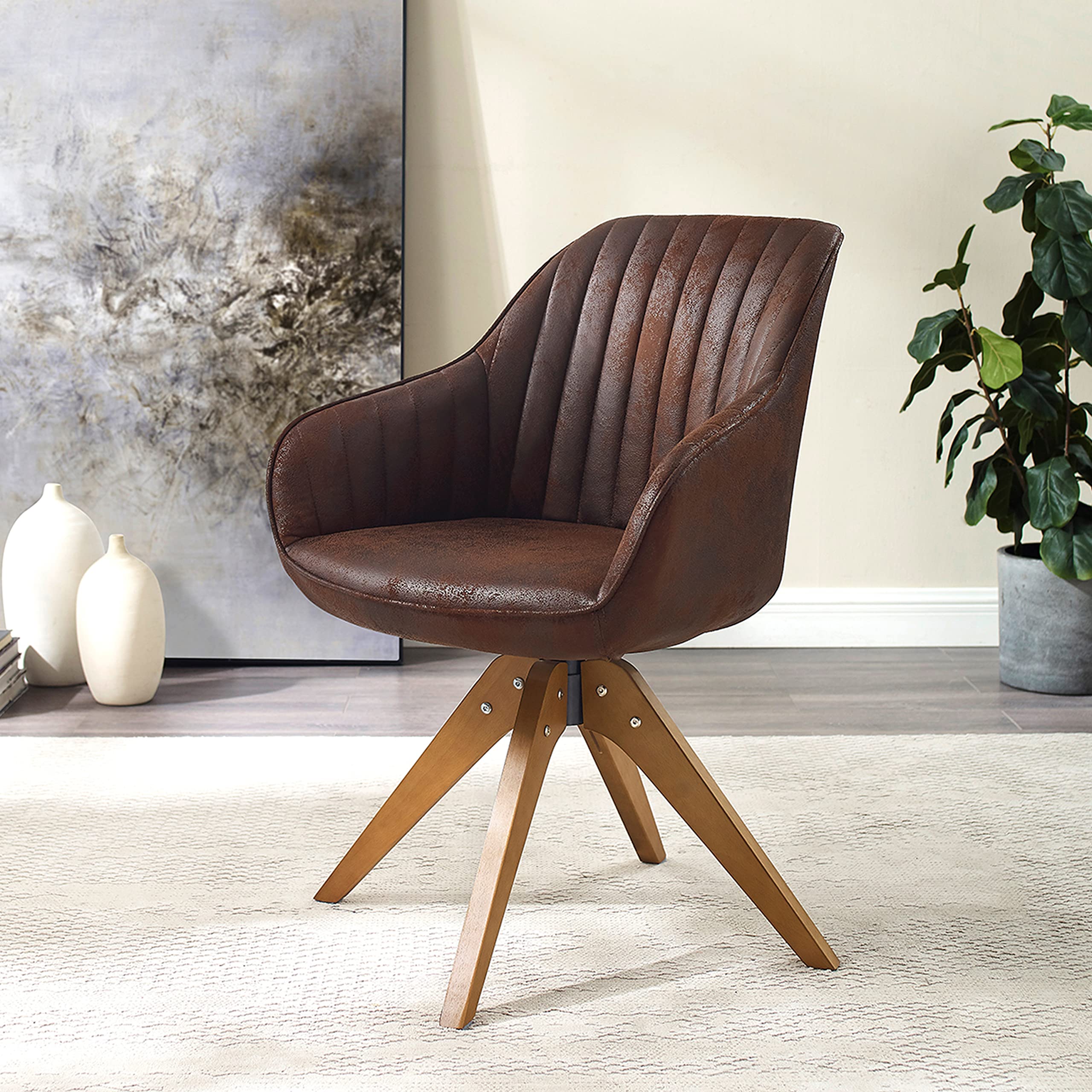 Art Leon Mid Century Modern Swivel Accent Chair with Beech Wood Legs - Armless Desk Chair Without Wheels in Soft Suede Fabric | Perfect for Home Office, Living Room & Reading Nook