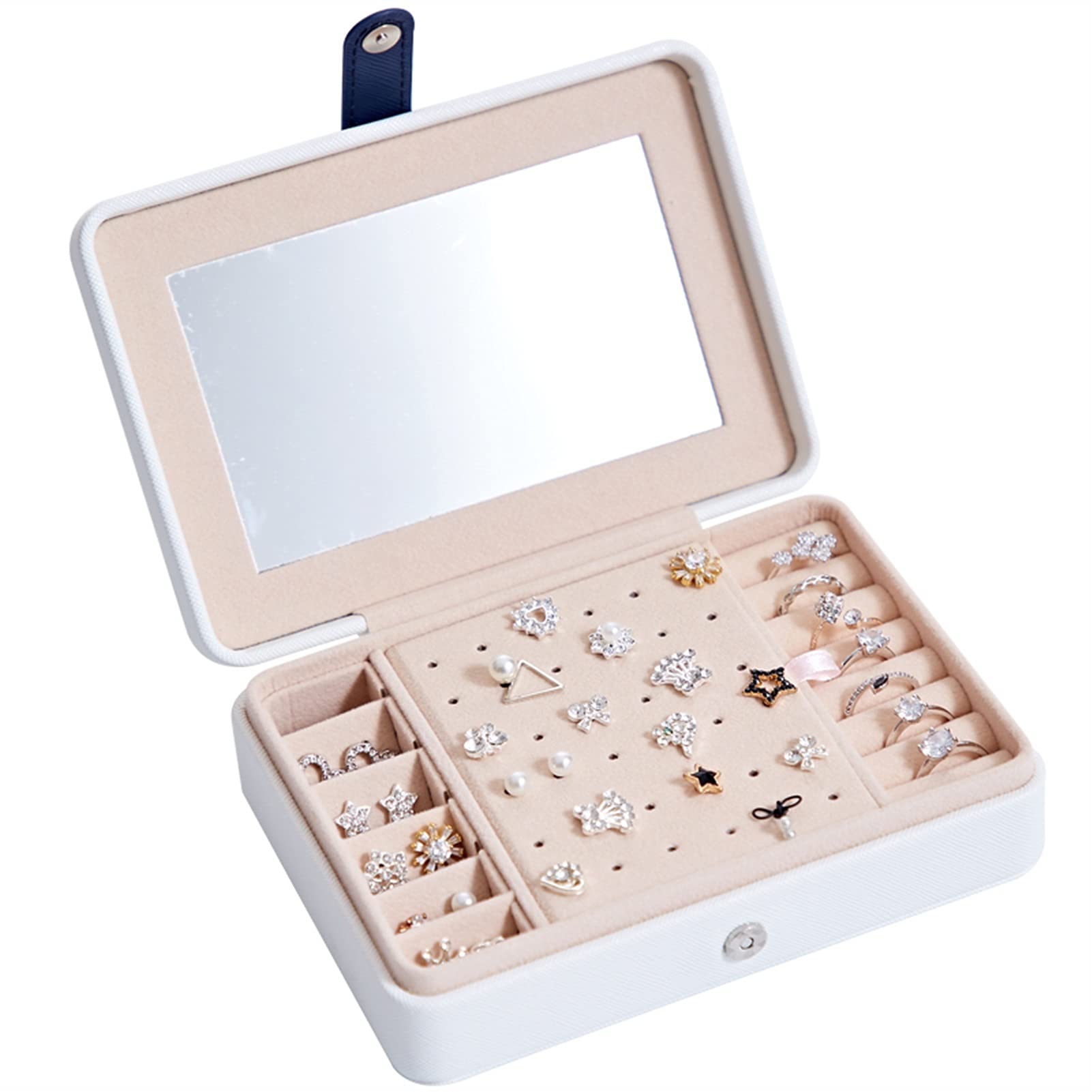 Elegant PU Leather Jewelry Box with Mirror - Portable Multi-Function Earrings Ring Necklace Storage Case for Women, Travel & Home Organization (White) - Perfect Gift for Birthday, Anniversary & Bridesmaids