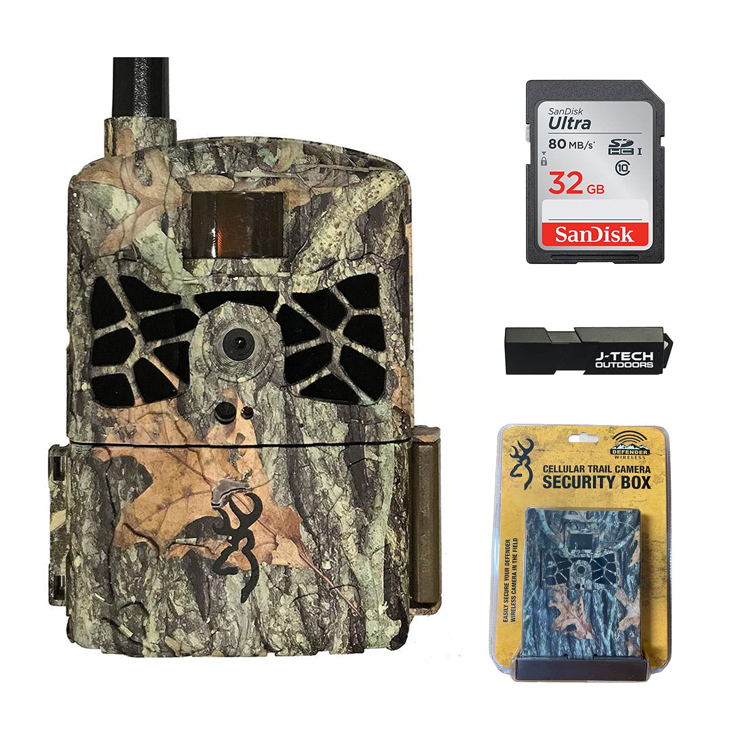 Browning Defender Wireless Cellular Trail Camera (Verizon) - 20MP HD Game Camera with Night Vision, Motion Detection, 32GB SD Card & J-TECH Card Reader - Bundle Includes Security Box - Perfect for Wildlife Monitoring, Hunting, and Property Surveillance