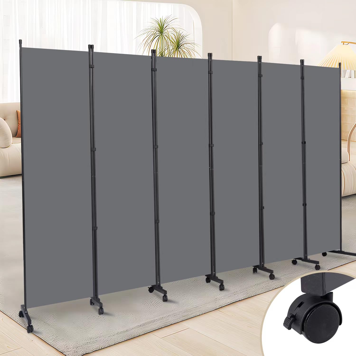 6 Panel Room Divider with Wheels - Portable Fabric Partition Screen for Office, Bedroom & Living Room - Privacy Room Separator for Home & Workspace Decor