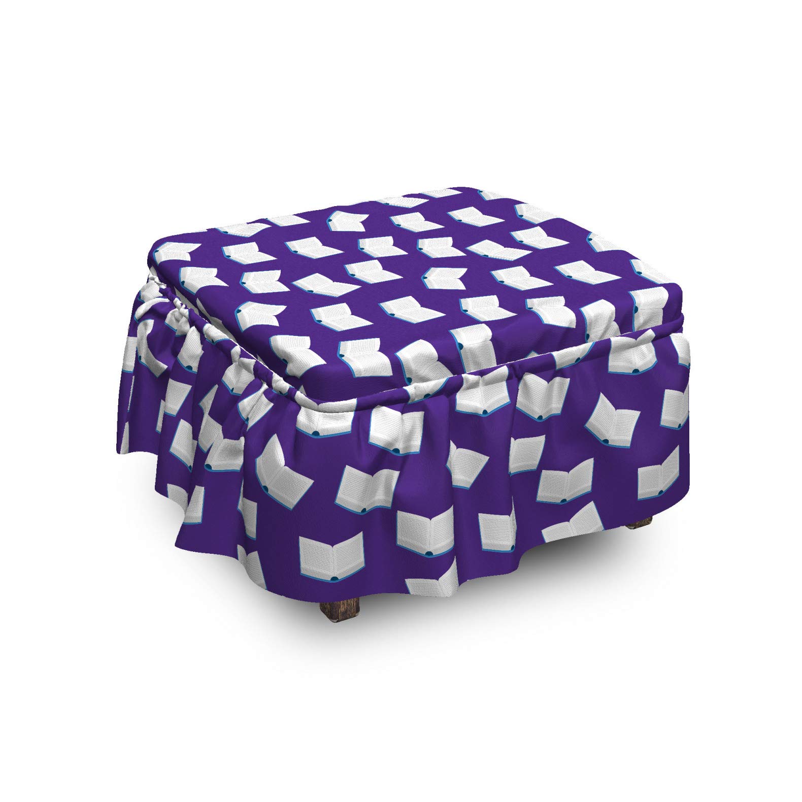 Ambesonne 2-Piece Ottoman Slipcover Set - Open Books Scattered Design with Ruffle Skirt for Square/Round Footstools, Indigo White & Blue Home Decor | Perfect for Living Room, Bedroom & Reading Nook Accent