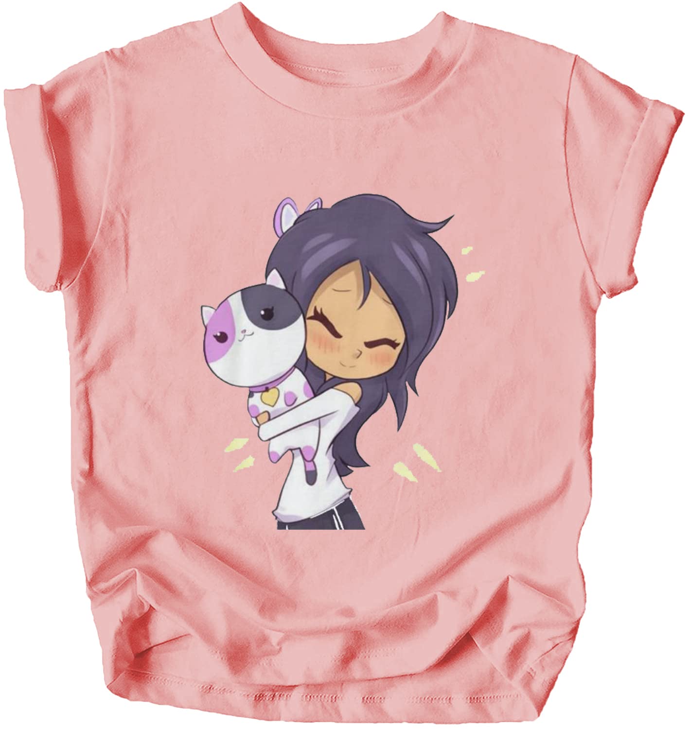 Cute Anime Girl and Cat Graphic Print T-Shirt for Girls - Short Sleeve Crewneck Novelty Shirt - Perfect for Cosplay, Anime Conventions & Casual Wear