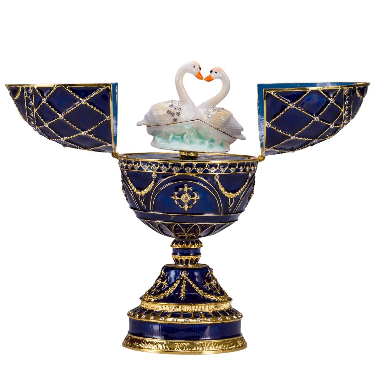 Danila-Souvenirs Faberge Style Egg - Handcrafted Music Box & Jewelry Trinket Box with Two Swans, 6.8 Inch (17 cm) Blue - Perfect for Gift Giving, Home Decor & Collectibles