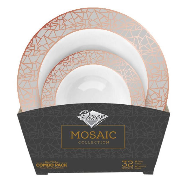 32-Piece Rose Gold & Silver Plastic Bowl Set - Round Disposable Bowls for Parties, 16 Servings - Perfect for Weddings, Birthdays, and Events (Mosaic Design)