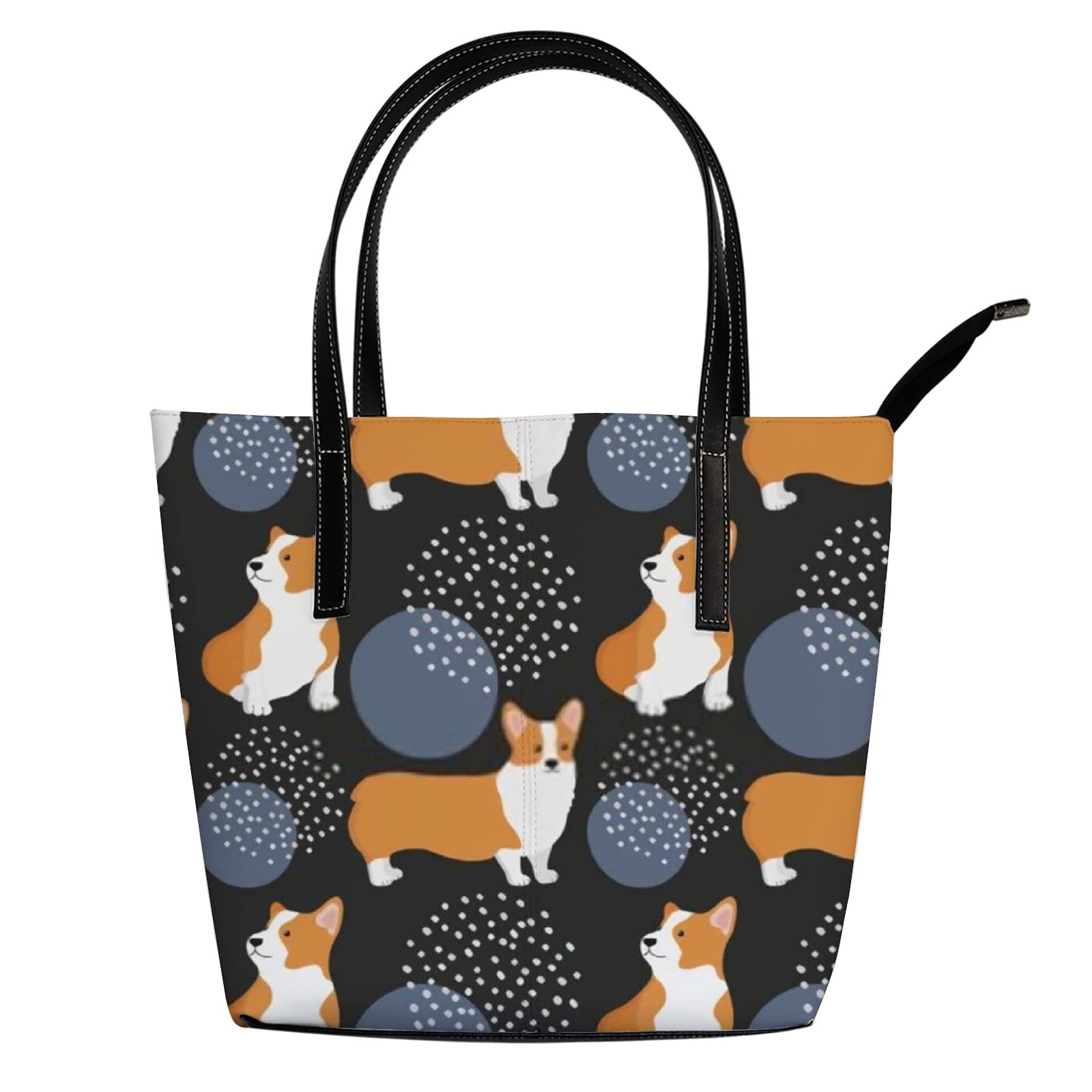 Stylish Black and White Corgi Dog Print Leather Tote Bag for Women - Cute Kawaii Animal Crossbody Handbag with Zipper - Perfect for Work, Travel, and Daily Use