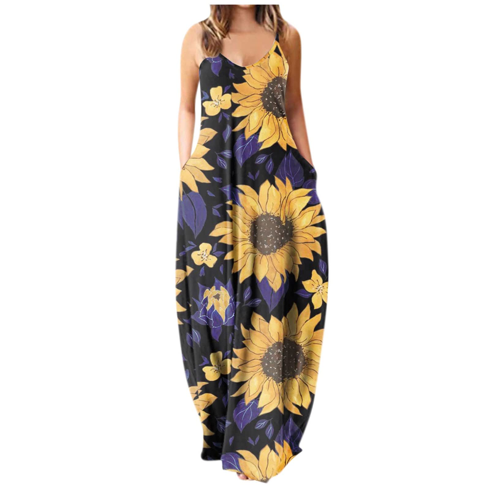 Boho Maxi Dress for Women - Casual Summer Sleeveless Printed Dress with Elastic Suspender | Beach Vacation, Music Festival & Outdoor Date Outfit