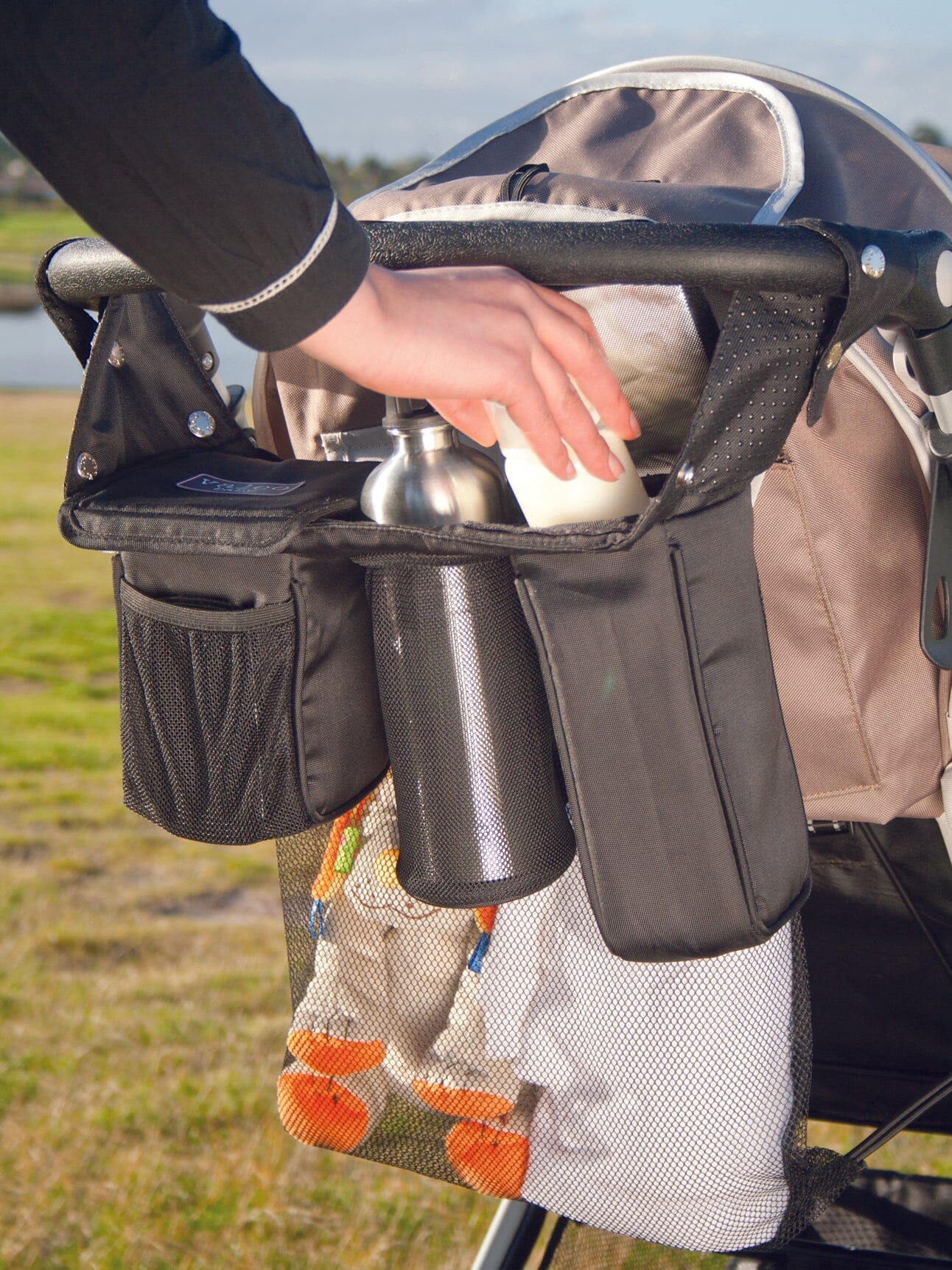 Valco Baby Universal Stroller Caddy - Convenient Stroller Organizer with Cup Holder & Storage Pockets for Diapers, Toys & Essentials - Perfect for Parents on the Go at Parks, Malls & Travel