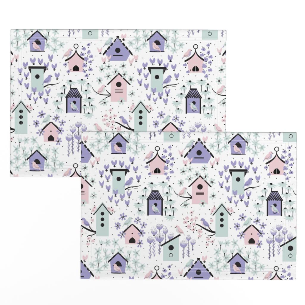 Spoonflower Linen Cotton Canvas Placemats Set of 2 - Spring Floral Design with Lilac Flowers & Bird Houses in Mint Green | Elegant Table Setting for Dining Room, Kitchen Decor, Party & Holiday Tableware