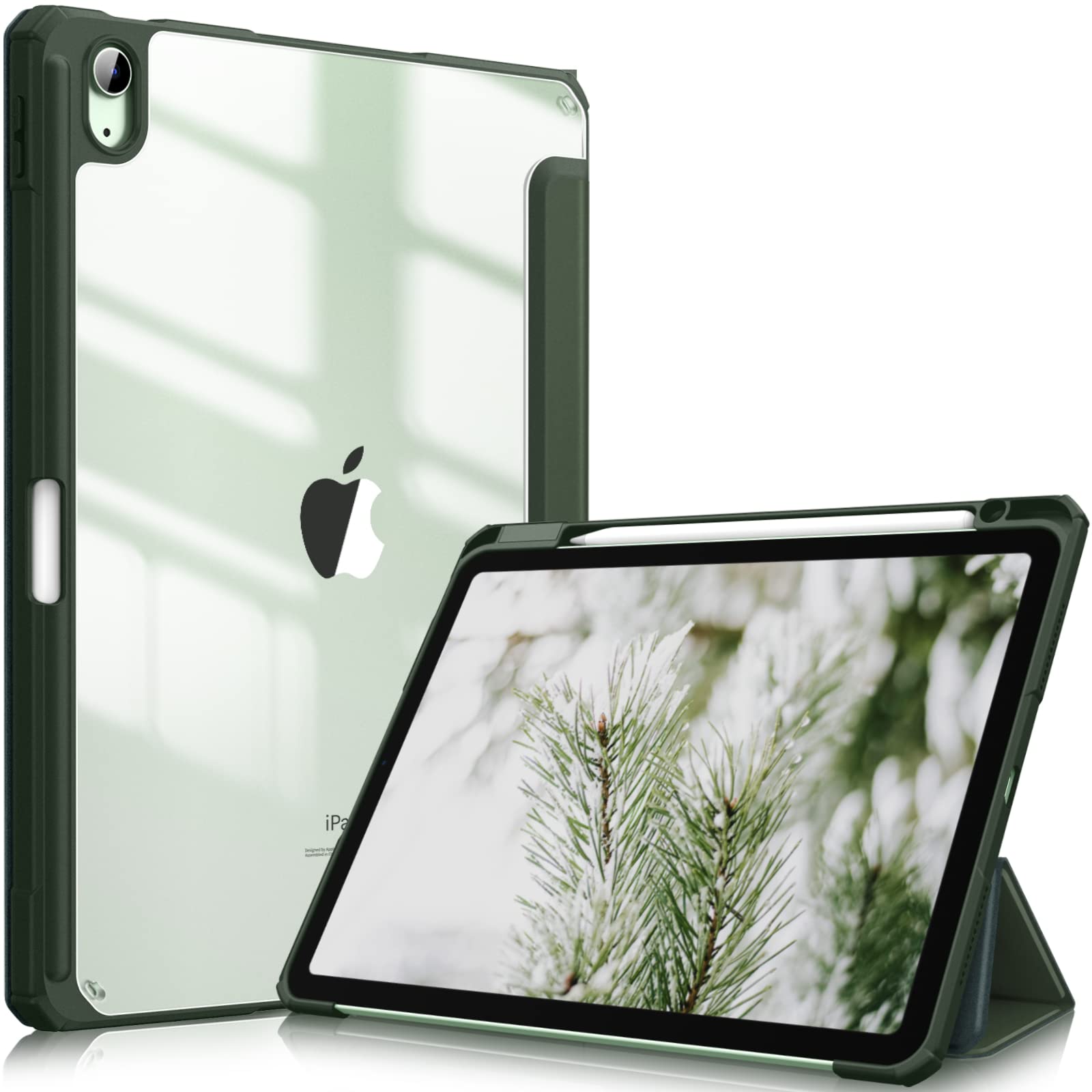 Fintie Hybrid Slim Shockproof Case for iPad Air 5th/4th Gen 10.9 Inch (2022/2020) - Clear Transparent Back with Built-in Apple Pencil Holder, Alpine Green - Perfect for Work, School & Travel Protection