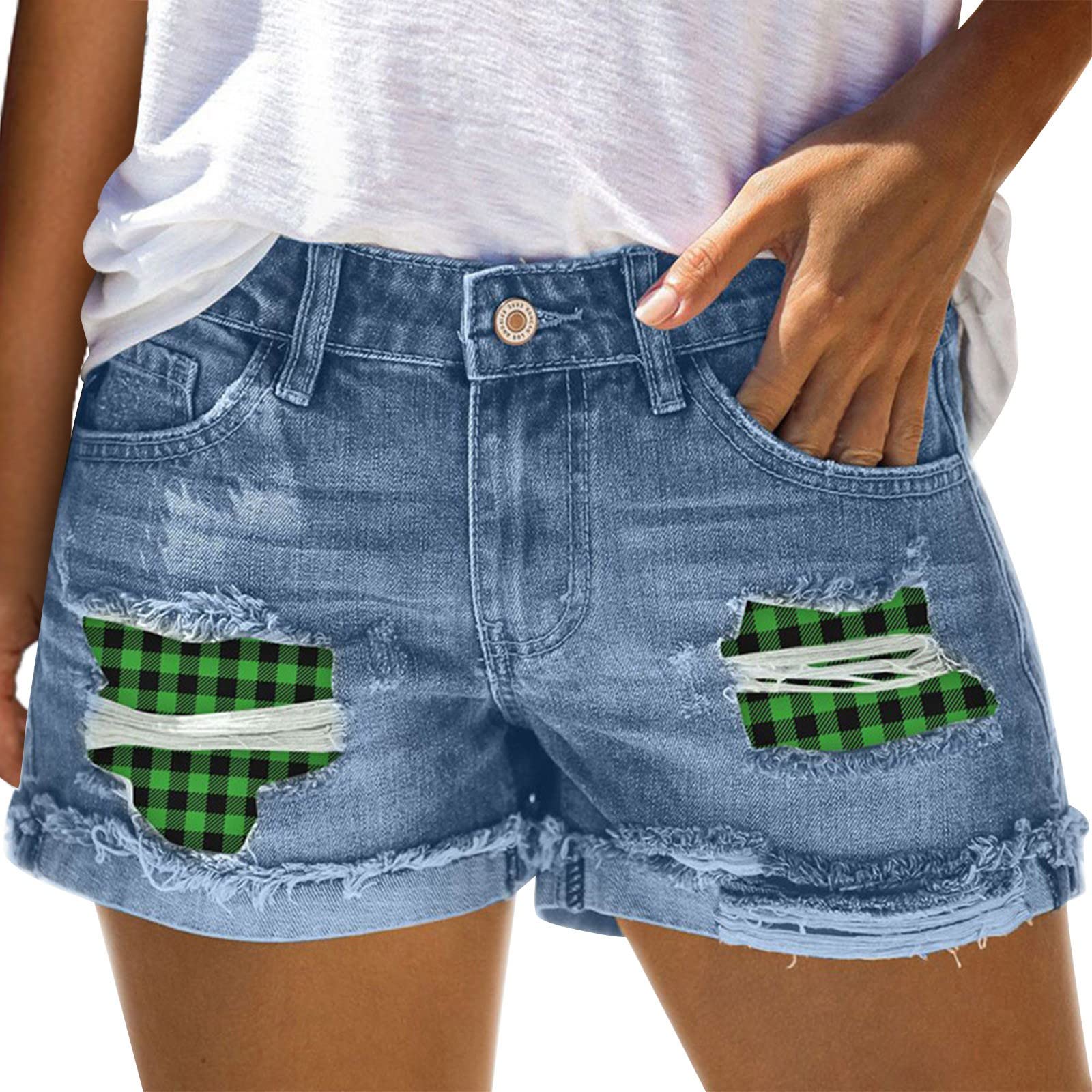 Women's High Waist Stretch Denim Shorts - 8 Inch Flared Pocket Shorts with Patchwork & Hole Print for Casual Wear & Exercise | Perfect for Summer Outfits, Gym & Street Style