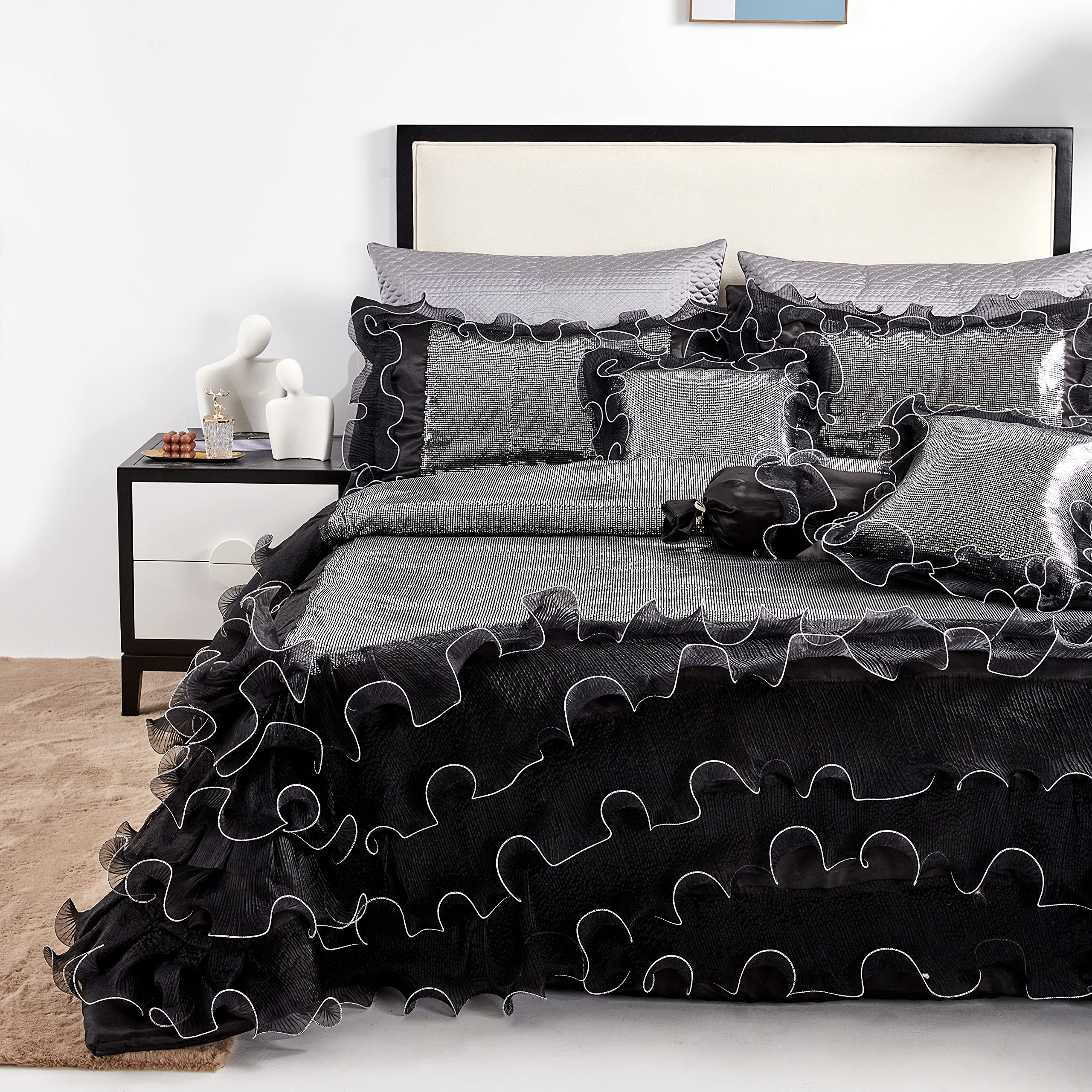 Tache Home Fashion Elegant Sequin Ruffle Warm Luxury Comforter Bedding Set - Queen Size for Cozy Winter Nights & Glamorous Bedroom Decor