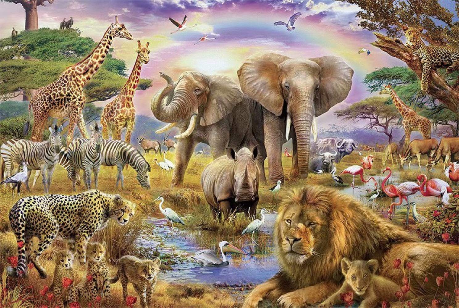 Queenie® 1000-Piece African Jungle Animal Puzzle - Wooden Jigsaw with Rainbow Sunset Landscape - Brain Teaser Game for Adults - Perfect for Family Game Night, Stress Relief & Home Decor