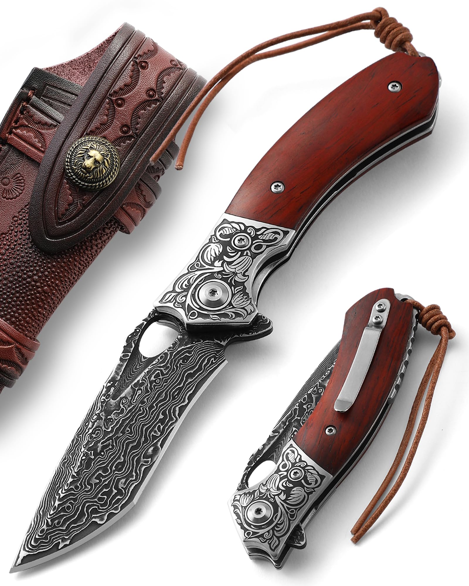 Premium Damascus Steel Pocket Knife for Men - Handmade Real Damascus Folding Knife with Clip & Leather Sheath - Perfect Gift for Father's Day, Valentine's Day - Ideal for Camping, Hiking, Outdoor Adventures & Everyday Carry (EDC)