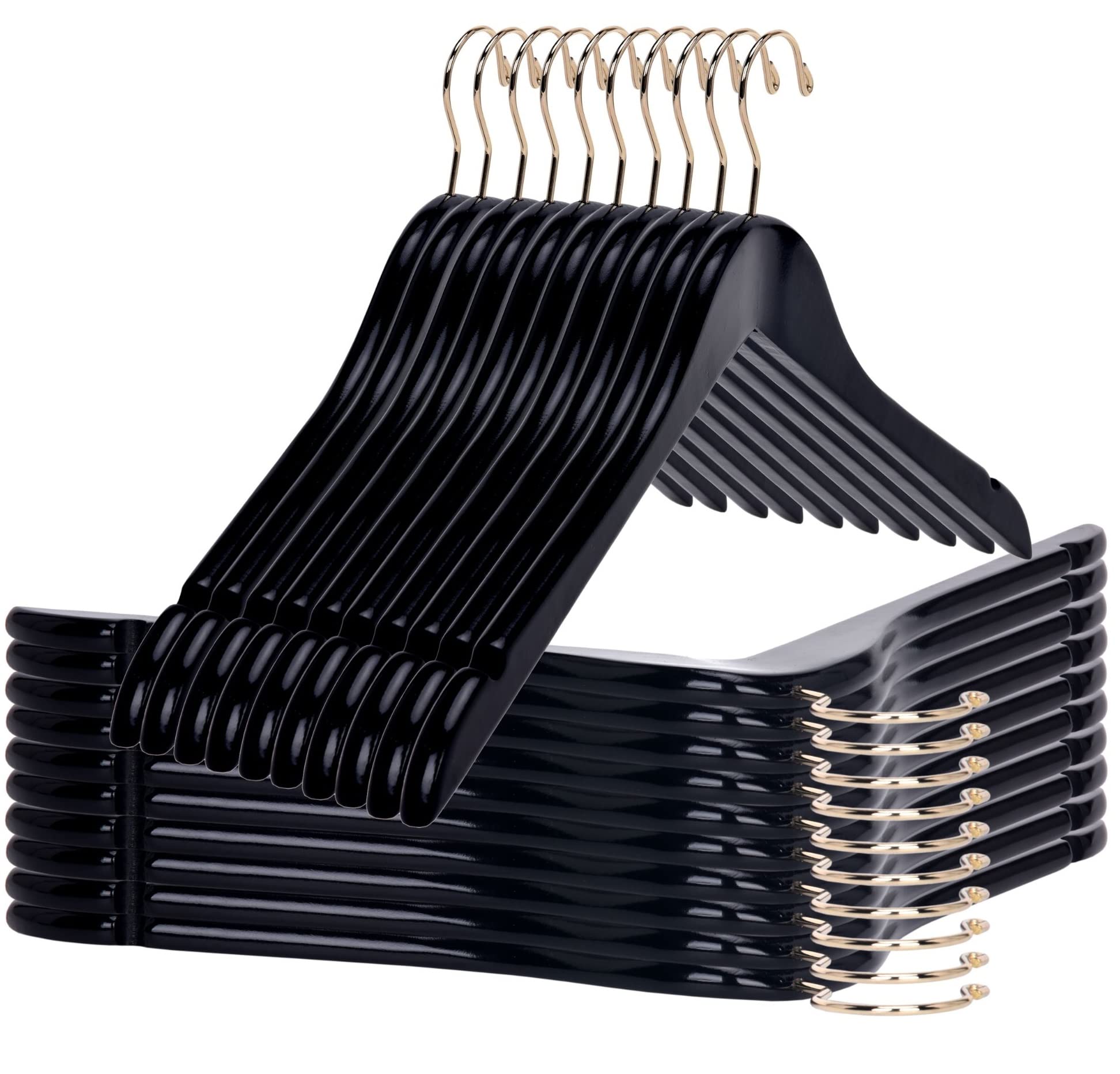 Premium Black Semi-Curved Wooden Suit Hangers - 20-Pack Smooth Finish Solid Wood Coat Hangers with Swivel Hook for Jackets, Pants & Dresses - Durable Closet Organizer for Wardrobe & Travel (Black & Gold, 20 Count) - Perfect for Home, Office & Luxury Hotels
