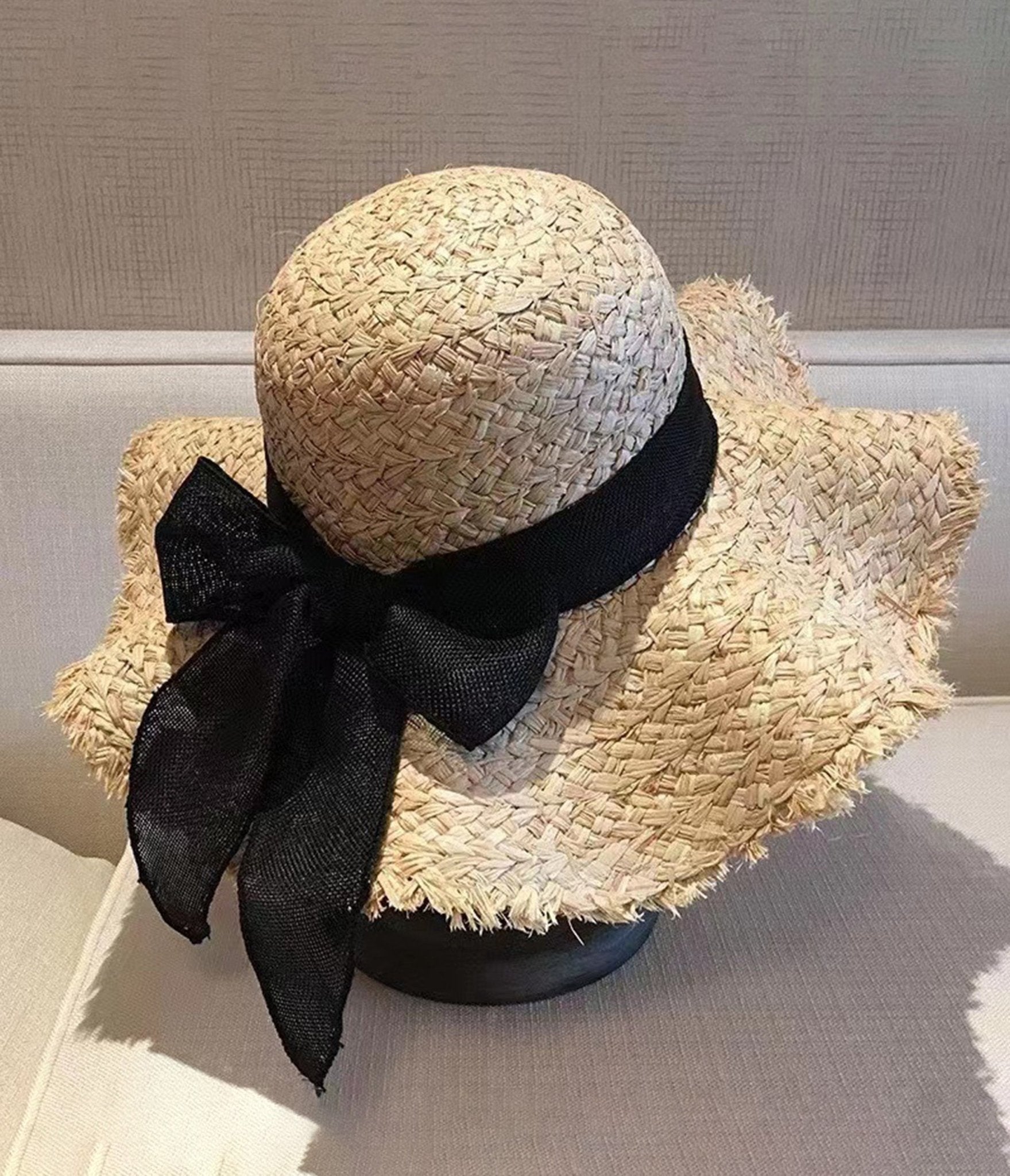 Beige & Black Bow Straw Sun Hat for Women - Wide Brim Summer Beach Hat - UV Protection Sun Hat for Outdoor, Travel, and Vacation