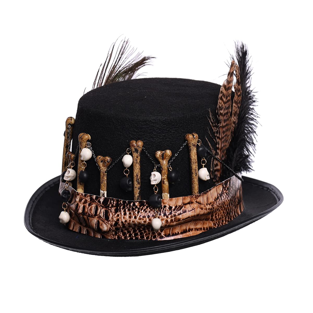 Stylish Women's Voodoo Witch Doctor Hat with Skull & Feathers - Gothic Halloween Costume Accessory for Parties & Cosplay