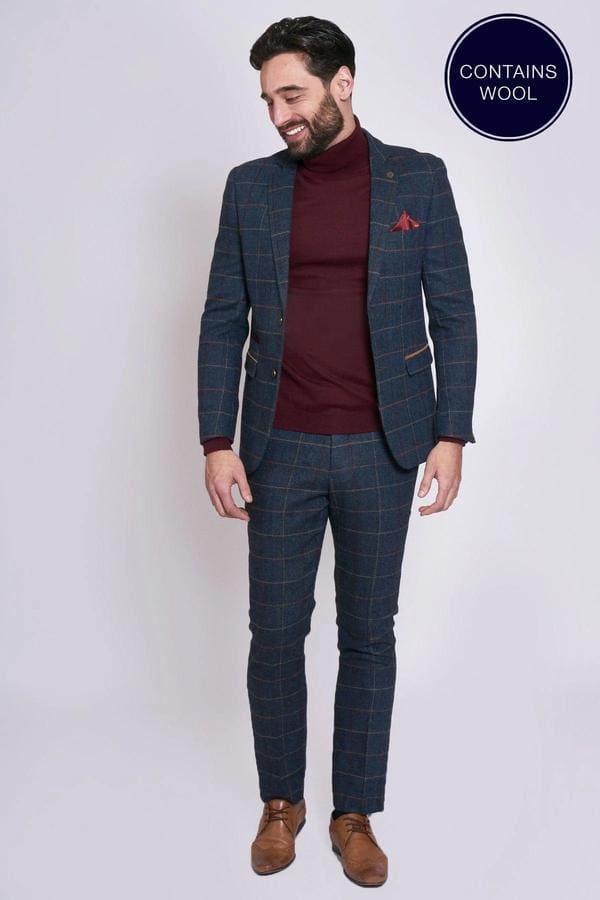 Marc Darcy ETON Navy Blue Tweed Check 2 Piece Suit for Men - Premium Wool Blend Business Formal Attire - Perfect for Weddings, Office Meetings & Special Occasions