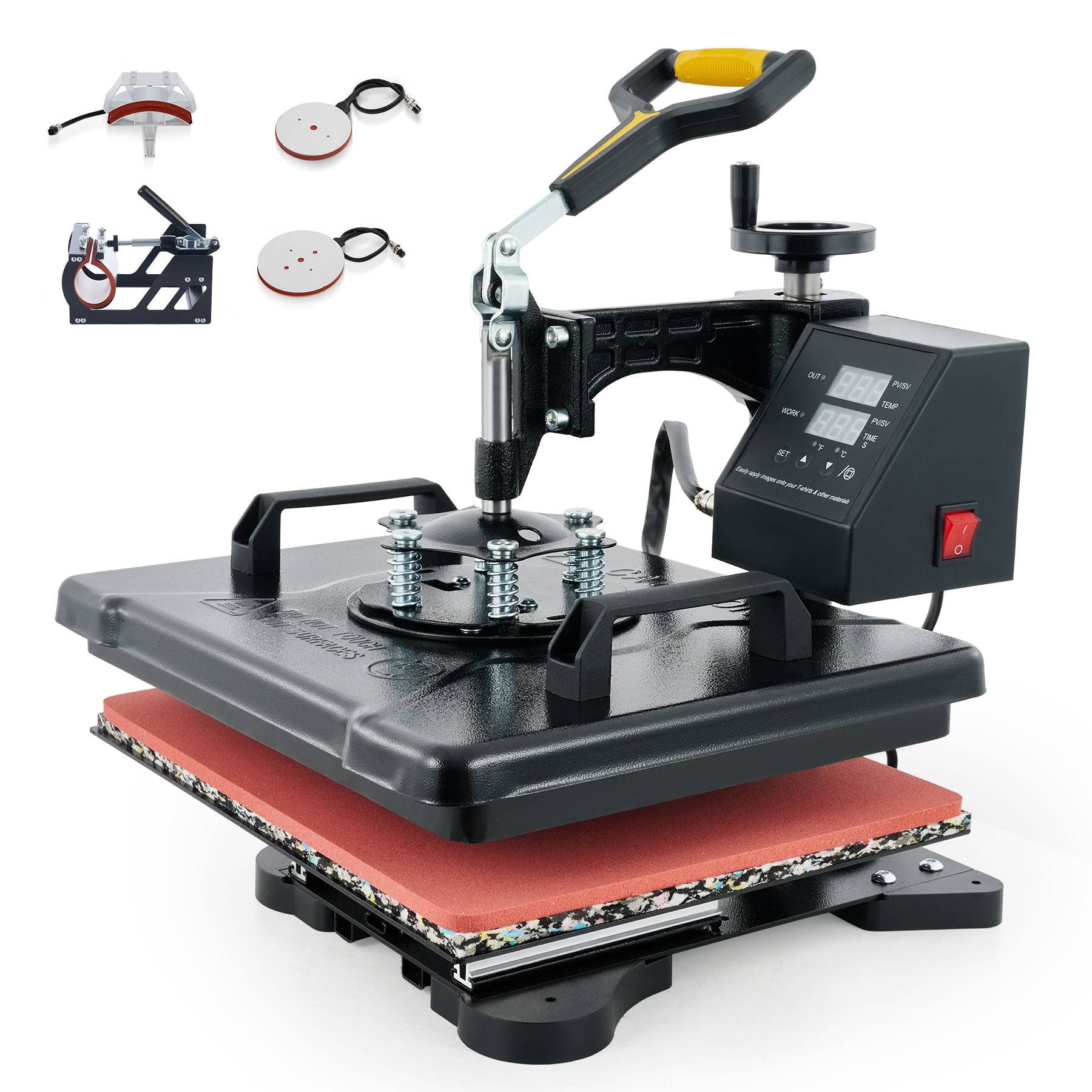 CREWORKS 12x15 Inch 5-in-1 Heat Press Machine with 360° Swivel - T-Shirt, Mug, Hat, Plate & Cap Sublimation Transfer Press for DIY Crafts, Custom Apparel & Small Business Use