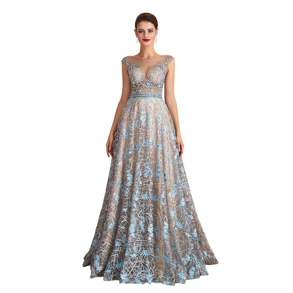 Engerla Blue Lace Evening Dress - Elegant A-Line Prom Gown with Crystal Beads for Formal Parties, Homecoming, Weddings & Special Occasions