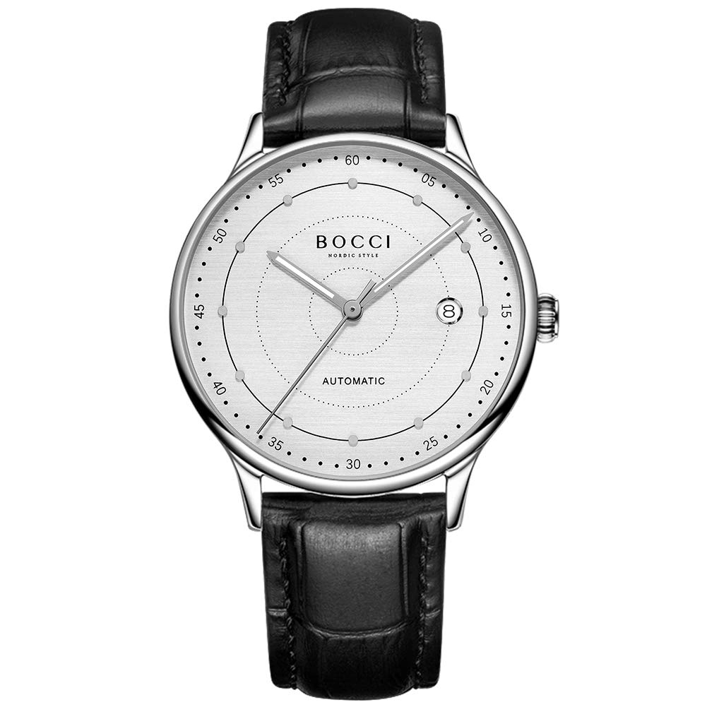 BOCCI Men's Automatic Watch - Japanese Mechanical Movement, Black Leather Band, Silver Face, Waterproof & Luminous - Minimalist Dress Watch for Business, Casual & Formal Occasions