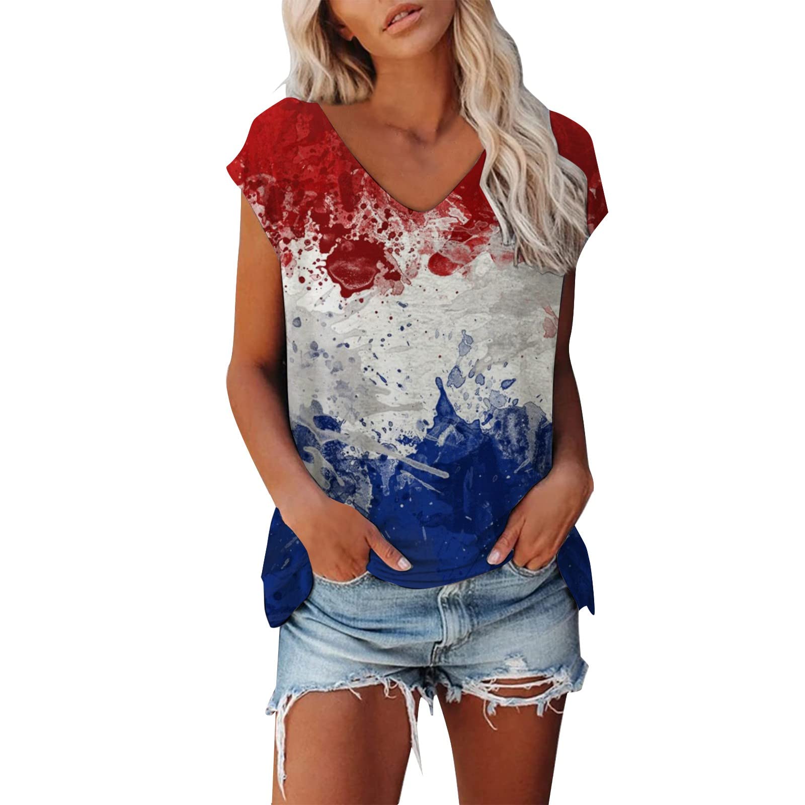 Women's V-Neck Cap Sleeve T-Shirts - Fashion Solid Color Casual Loose Fit Blouse & Tank Tops for Everyday Wear, Work, and Summer Outfits
