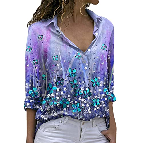 Women's Cotton Workout Tees - Floral Printed Long Sleeve Lapel Asymmetric Shirts for Casual Wear, Gym & Outdoor Activities