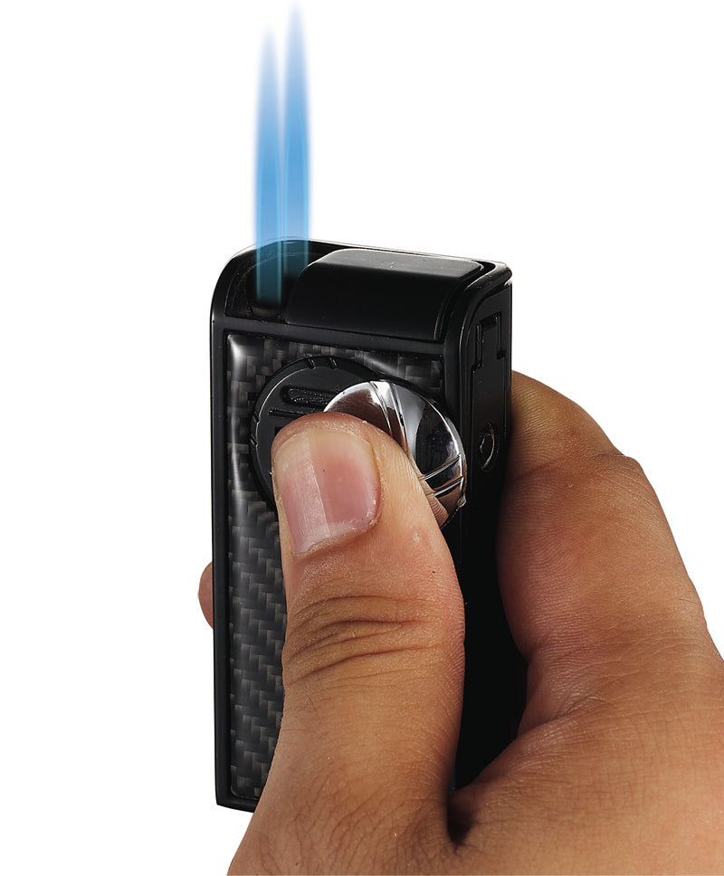 Premium Infinity Black Carbon Fiber Double Torch Lighter - Windproof Refillable Butane Lighter for Cigars, Candles, Camping & Outdoor Adventures