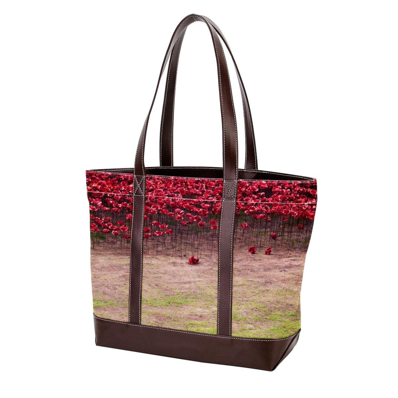 Stylish Large Leather & Canvas Poppy Flowers Tote Bag for Women - Top Handle Shoulder Satchel Hobo Purse | Perfect for Work, Travel & Everyday Use