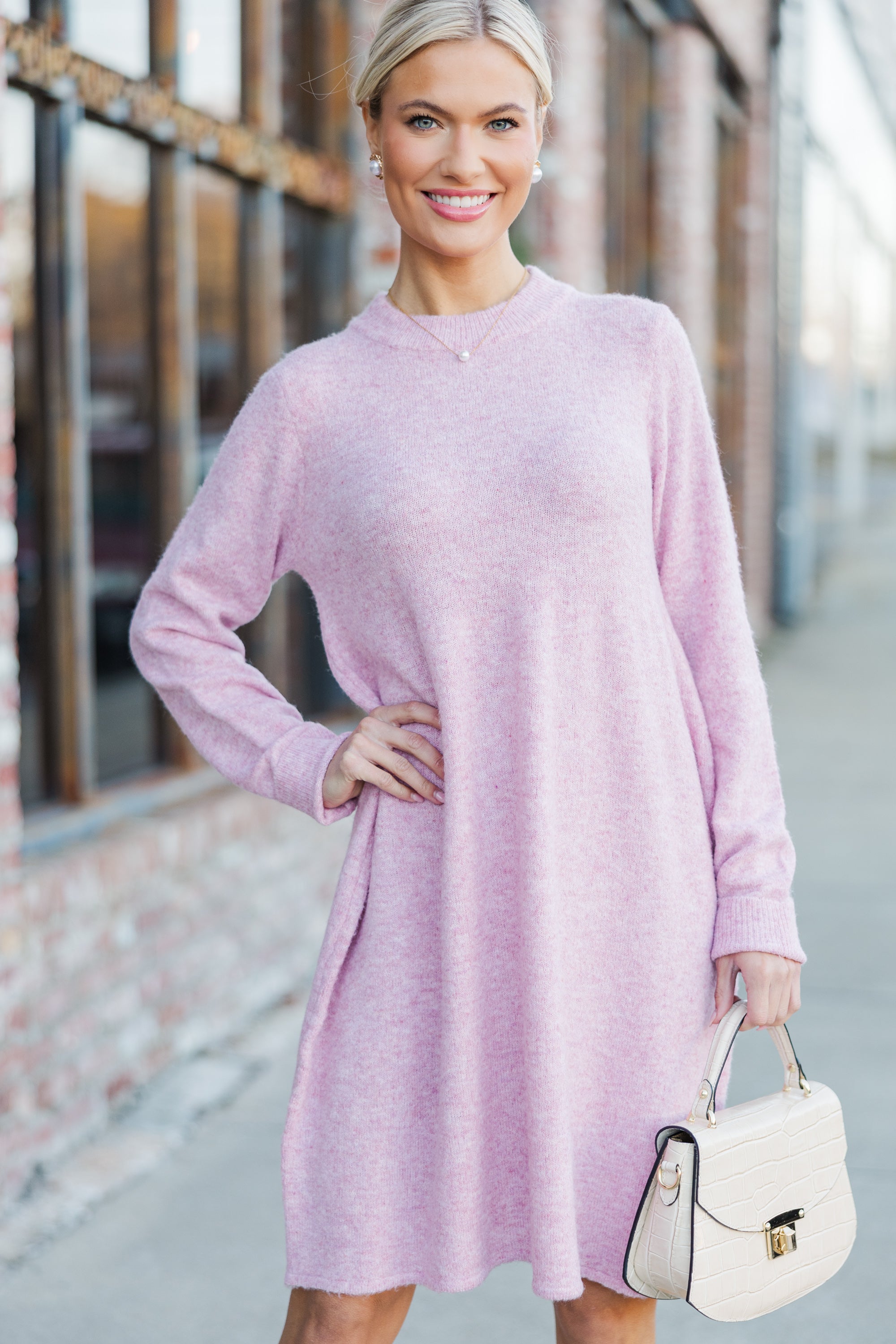Be The One Pink Babydoll Sweater Dress for Women - Soft Knit Casual Lace Trim Tunic - Perfect for Date Night, Party & Holiday Outfits