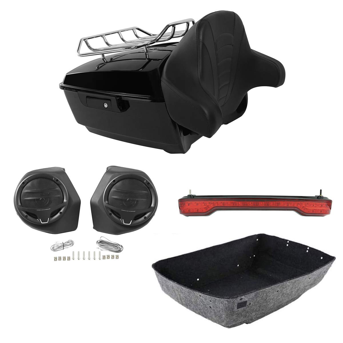 TCMT King Pack Black Luggage Rack with Trunk Backrest & Taillight for Harley Touring Models 2014-2023 - Enhance Your Ride with Rear Speakers for Road King, Road Glide, Street Glide & Electra Glide - Perfect for Long-Distance Touring and Custom Upgrades