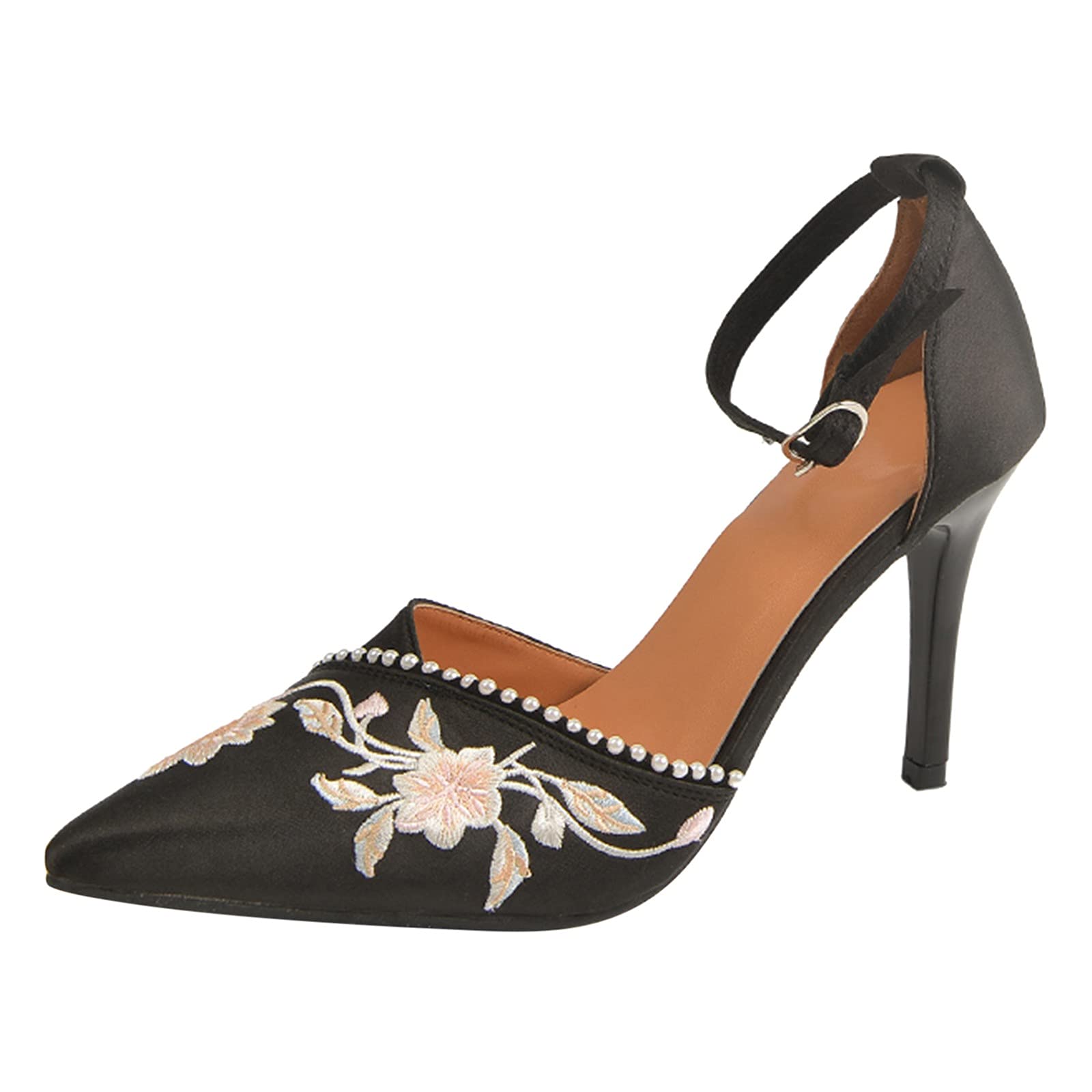 HCJYAL Women's Tan Knee High Heel Sandals - Floral Embroidery Pointed Toe Strap Buckle Shoes for Casual Wear | Perfect for Date Night, Office & Summer Outfits