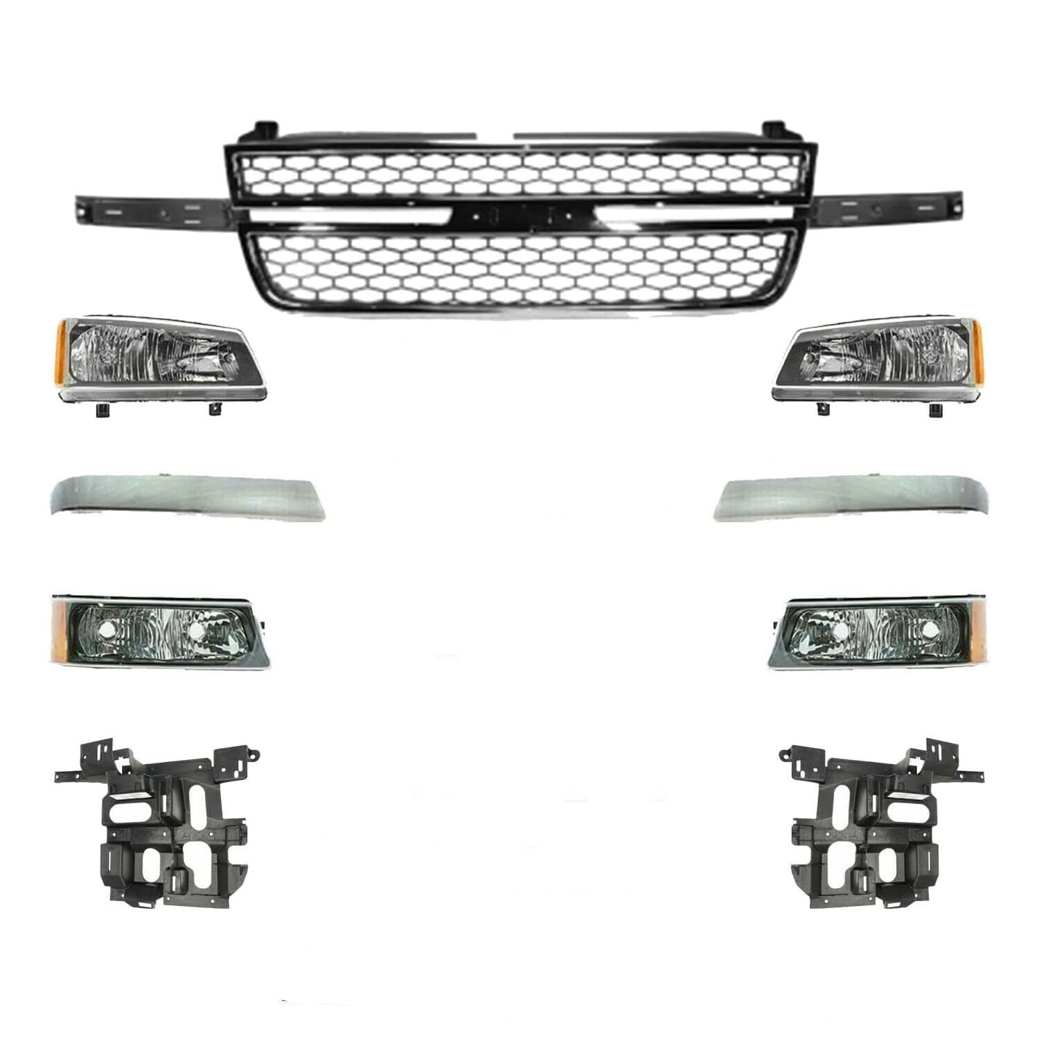 Direct Replacement Front Grille with Chrome Moldings, Signal & Head Lights + Support Brackets for Chevrolet Silverado 2500HD 3500 (2003-2006) - Perfect for Off-Roading & Truck Restoration Projects