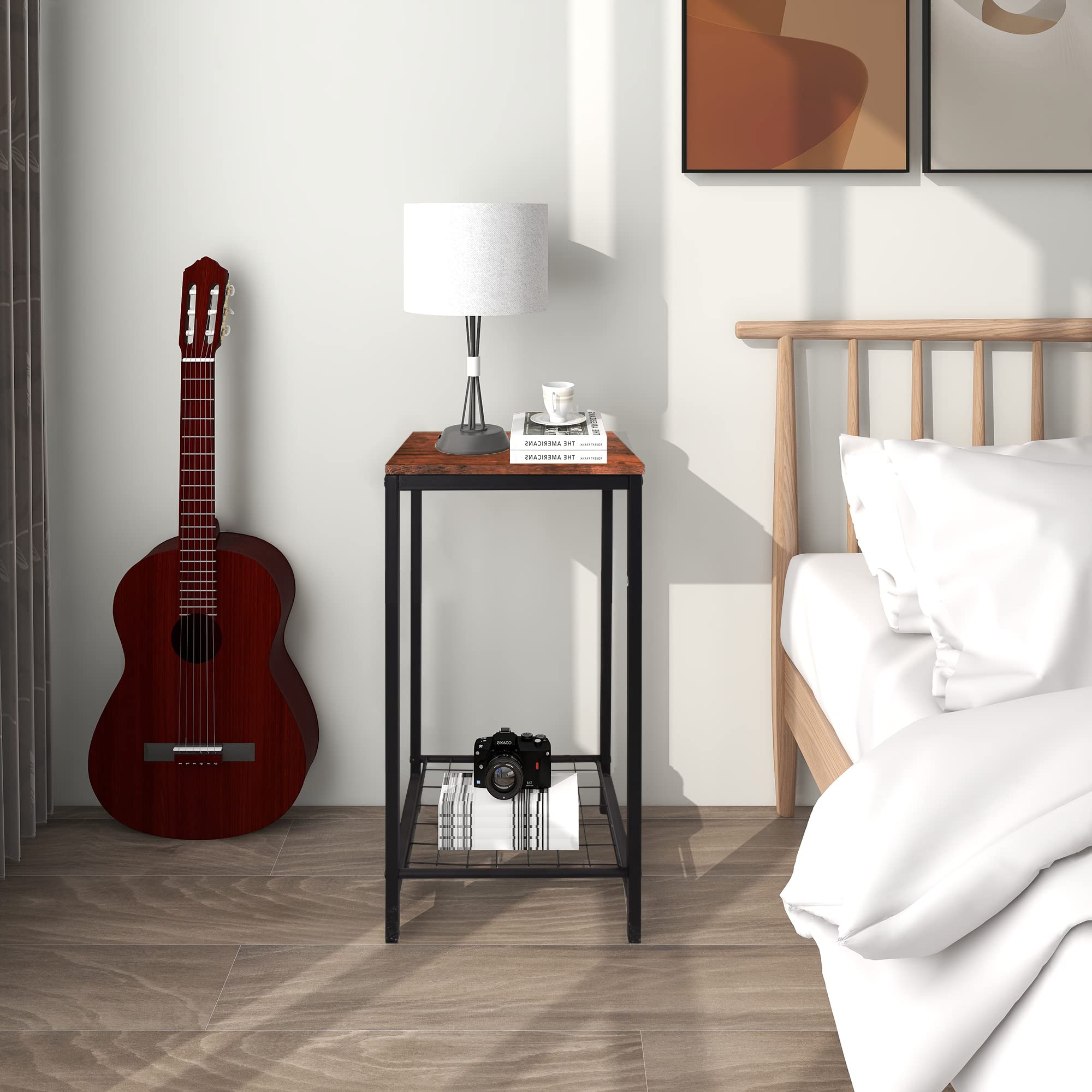 2-Tier Industrial End Table with Durable Metal Frame - Rustic Brown & Black Nightstand or Side Table with Mesh Shelves for Living Room, Bedroom, or Office - Perfect for Coffee Table, Bookshelf, or Plant Stand