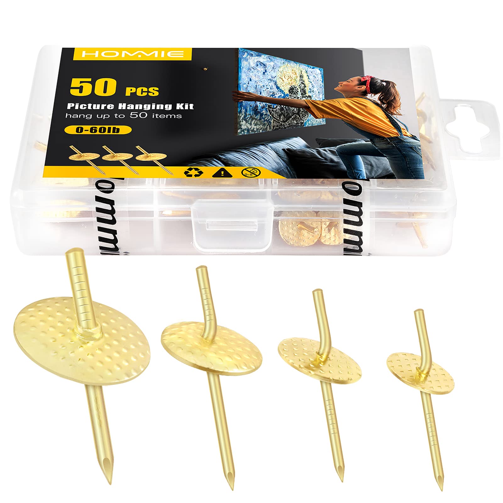 Hommie Picture Hanging Nails Kit - 50PCS Heavy Duty Wall Hangers (10-60 lbs) for Frames, Canvas, Mirrors & Drywall | Easy One-Step Installation for Home & Office Decor