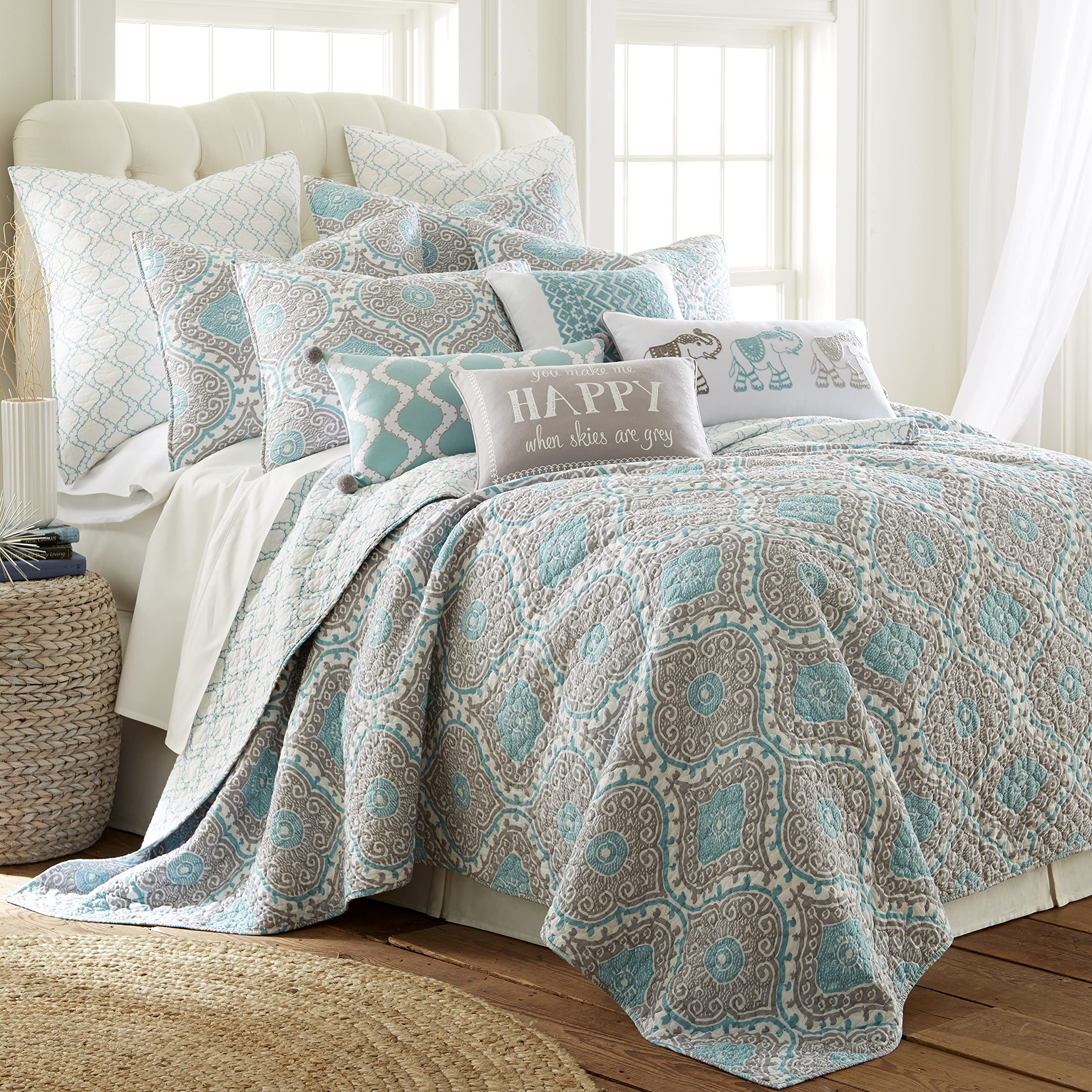 Levtex Home Gramercy Teal Full/Queen Quilt Set - 100% Cotton Geometric Bedding with Gray Accents | Perfect for Modern Bedrooms, Guest Rooms & Cozy Home Decor