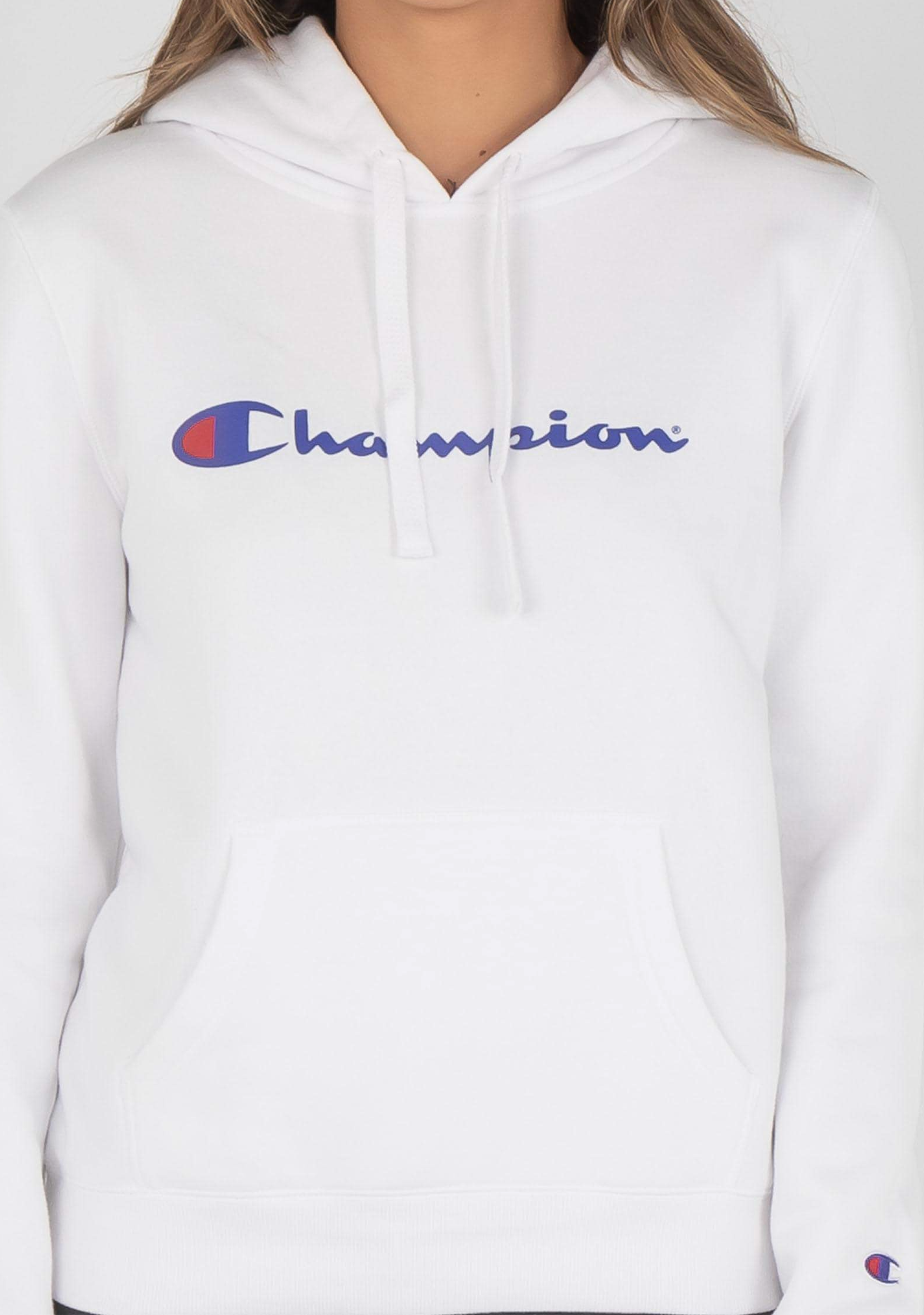 Champion Women's Script Logo Hoodie - Soft Fleece Pullover Sweatshirt for Casual Wear, Gym, and Lounge | White