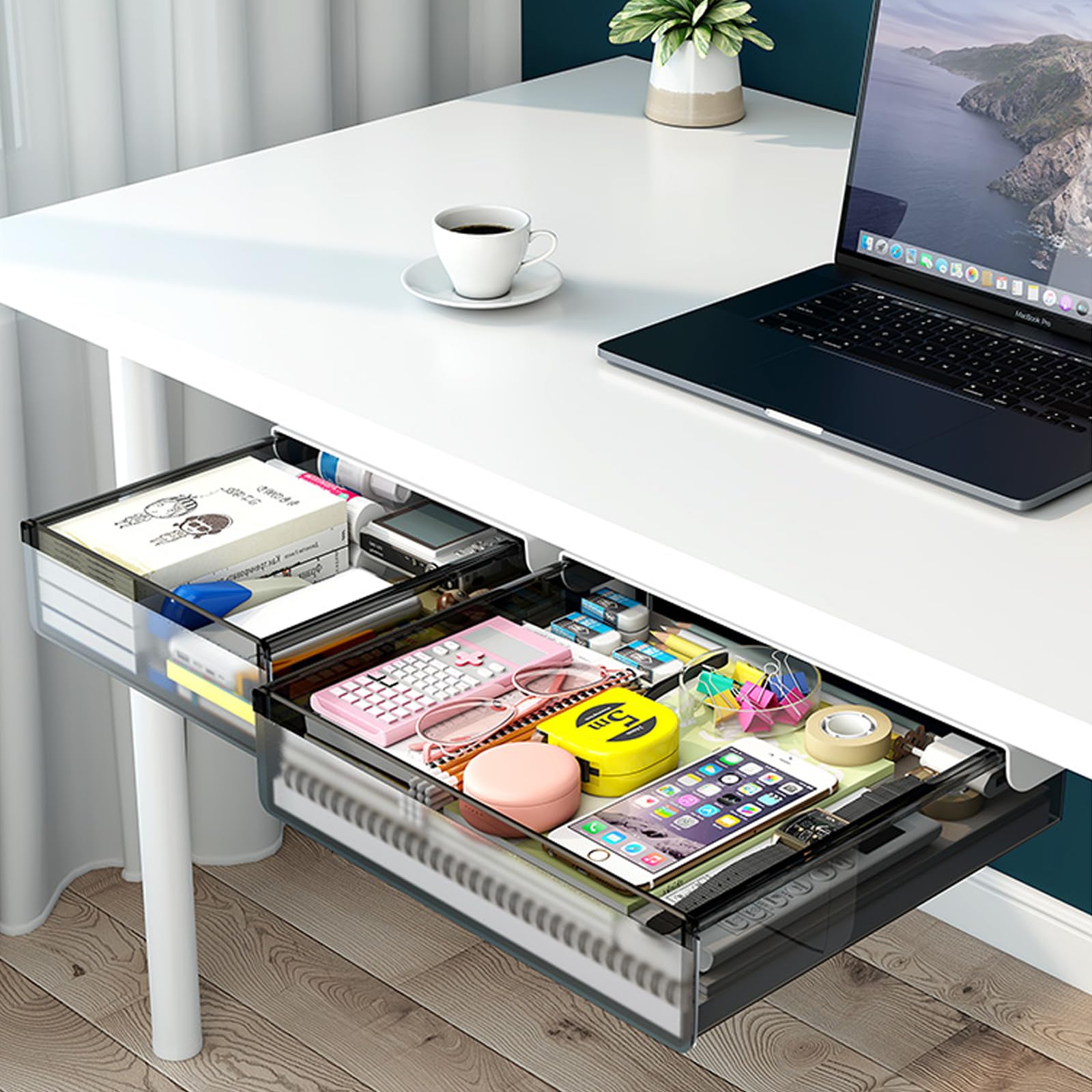 2 Pack Under Desk Drawer Organizer - Slide Out Storage Tray with Self-Adhesive, Hidden Desktop Organizer for Office Supplies, School & Home Essentials (Black) | Perfect for Small Space Organization in Office, Study Room or Kitchen