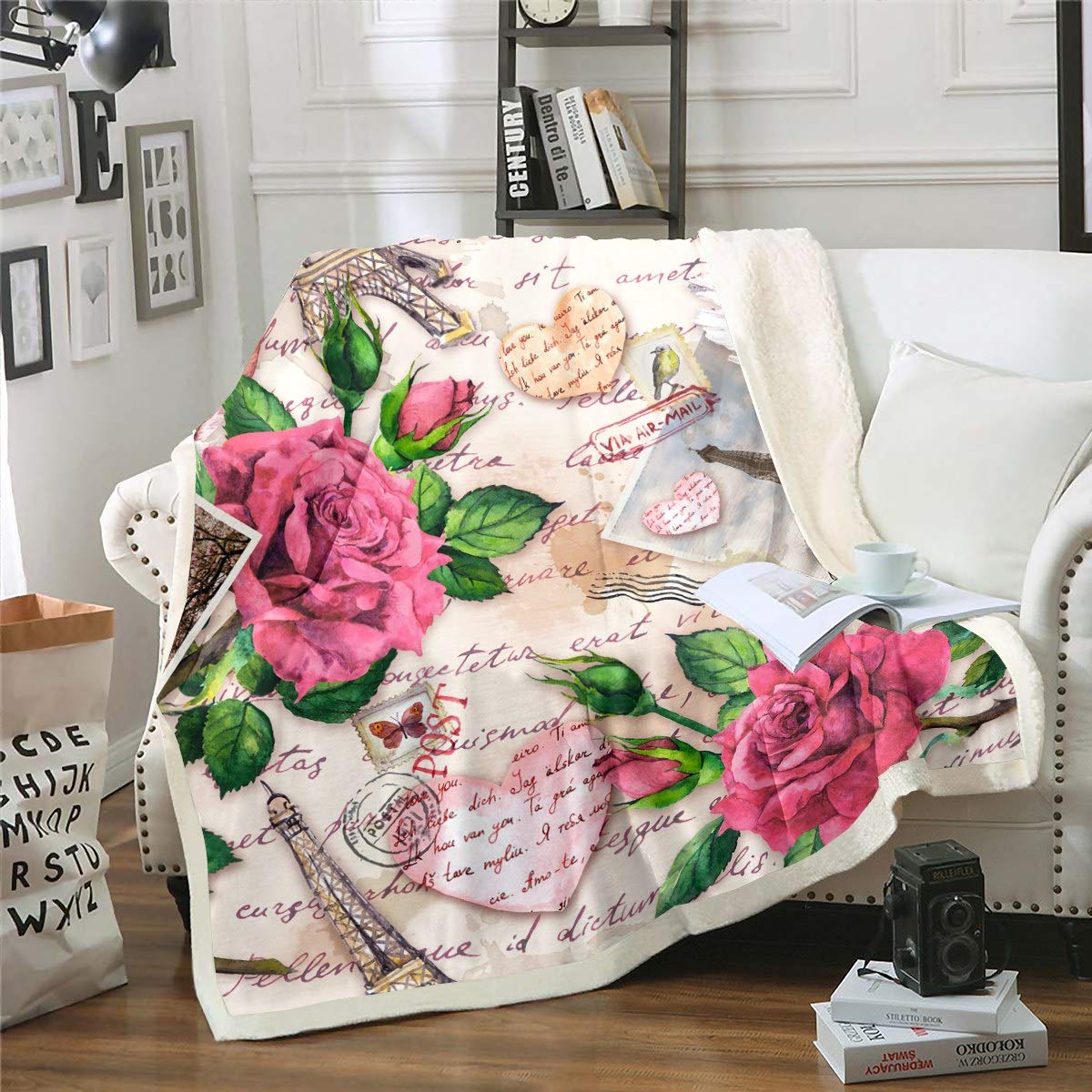 Paris Themed Plush Blanket - Romantic Rose Floral Print Sherpa Fleece Throw Blanket for Women & Girls (90x90 Inch) - Soft Eiffel Tower Design for Valentine's Day, Bed, Sofa & Couch - Perfect for Cozy Nights, Gifts & Home Decor