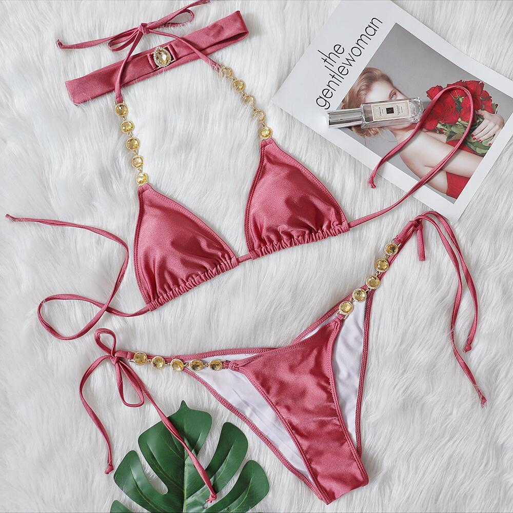 Sexy Vintage Crystal Diamond Chain Bikini Set - High Waisted Solid Swimsuit with Matching Headband for Women | Perfect for Beach, Pool Party & Summer Vacation