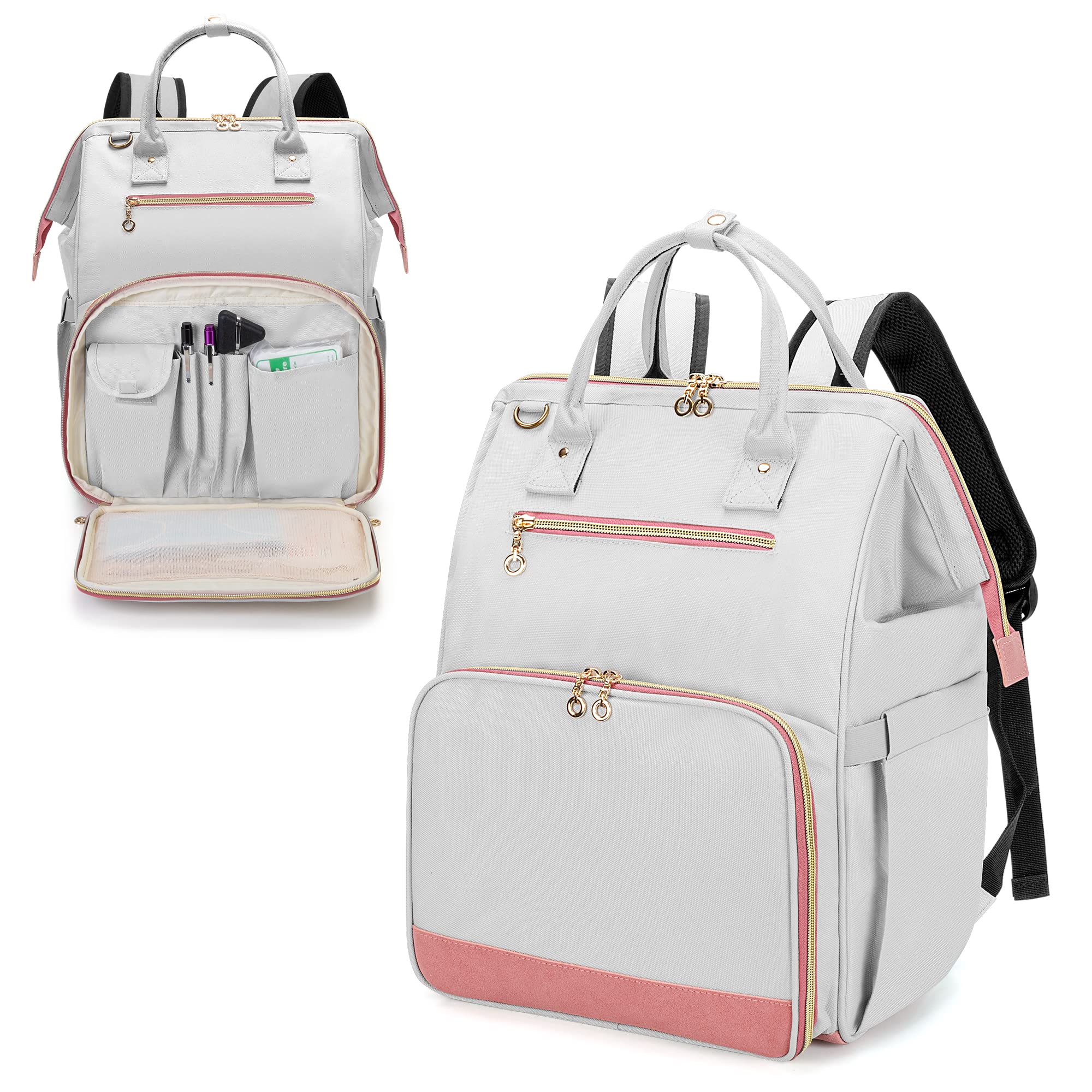 **Damero Nurse Backpack for Work Supplies - Lightweight Laptop Backpack with Sleeve for Home Care Nurses, Medical Professionals & Students | Durable & Stylish (Light Gray-Pink) - Perfect for Hospital Shifts, Travel & Daily Commute**