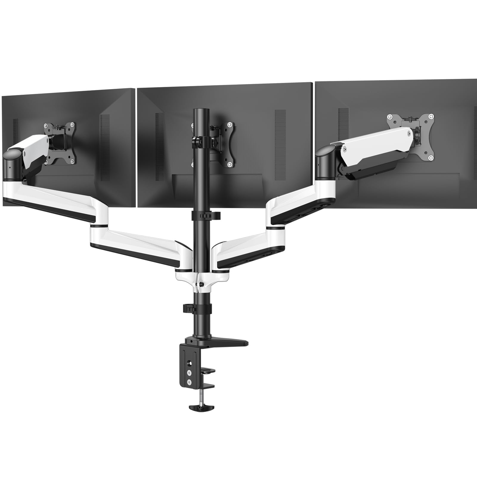 HUANUO Triple Monitor Stand - Adjustable Full Motion Gas Spring Mount for 3 Monitors 17-32 inches, Heavy Duty Clamp & Grommet Kit - Perfect for Gaming, Office Work & Multi-Tasking Setup