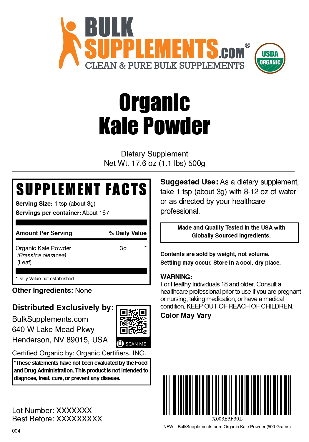Organic Kale Powder - 100% Pure, Non-GMO, Gluten-Free Superfood for Smoothies, Juices & Baking | USDA Certified, Vegan & Keto Friendly | Boost Energy & Immunity Naturally