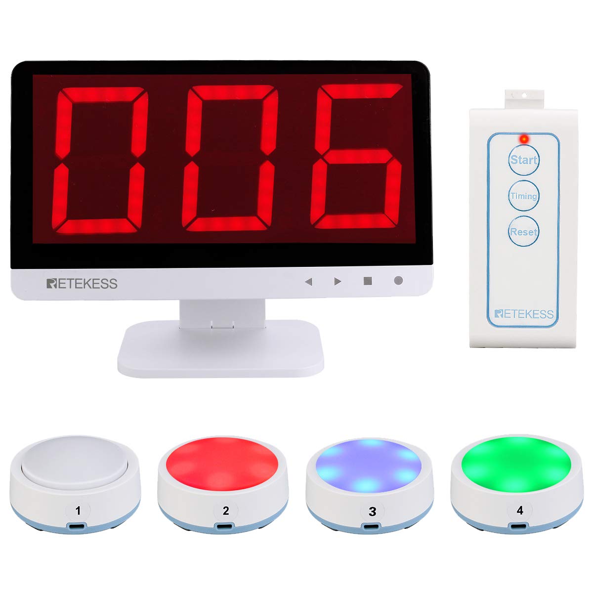 Retekess TM101 Wireless Quiz Buzzer System with Lock Function & Remote Control - 4 Color States for Classroom, Family Feud Game, Social Distancing Activities - Perfect for Trivia Nights, School Competitions, and Team Building Events