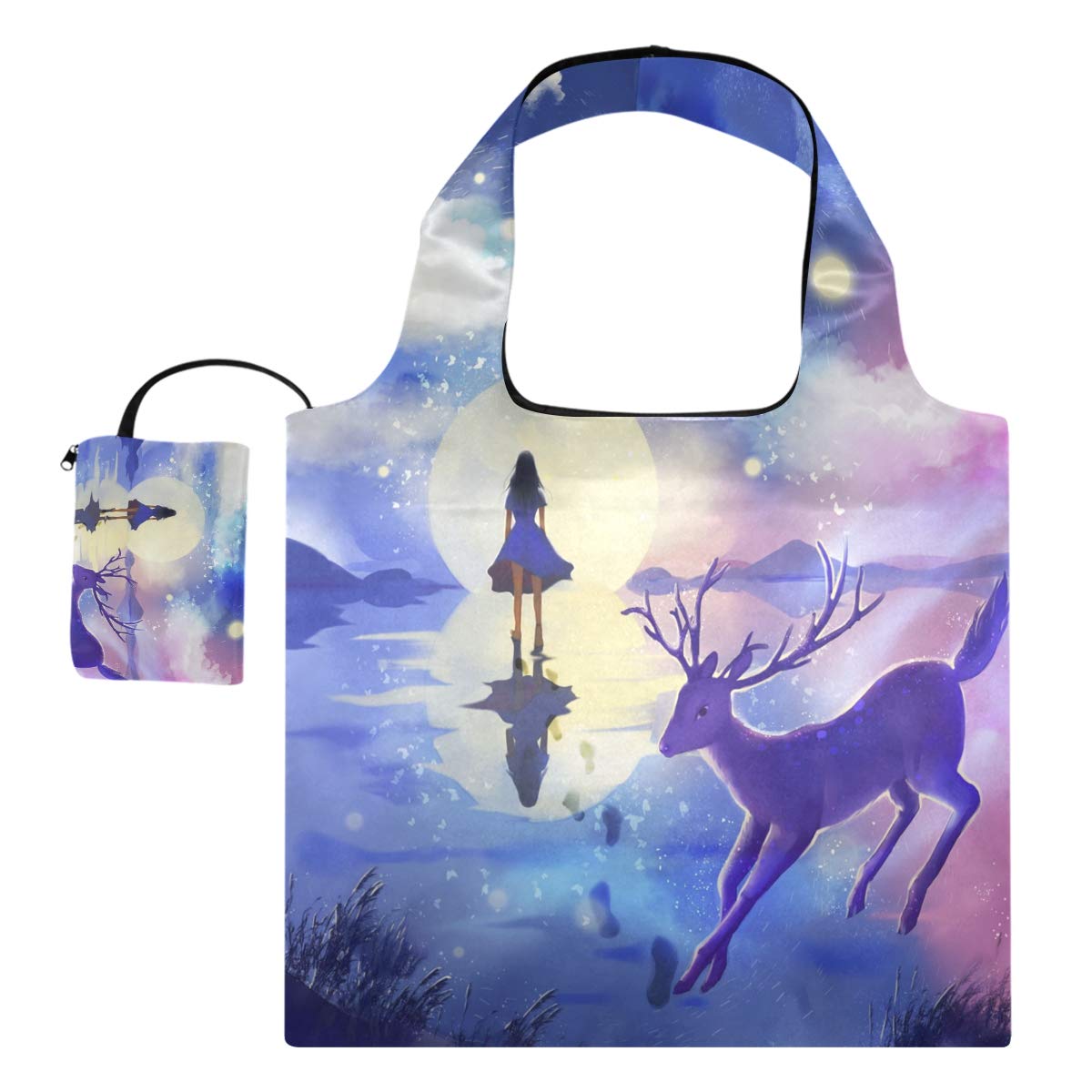 Blueangle Large Reusable Grocery Bags - Foldable Shopping Tote with Rectangle Pouch | Anime Space Girl Deer Print Ripstop Washable Cloth Bags | Perfect for Grocery Shopping, Farmers Market & Eco-Friendly Daily Use