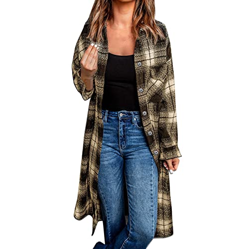 Women's Lightweight Flannel Plaid Shacket - Long Sleeve Button Down Shirt Jacket with Chest Pocket | Fall Fashion Layering Piece for Work, Outdoor & Casual Wear (Khaki, L)