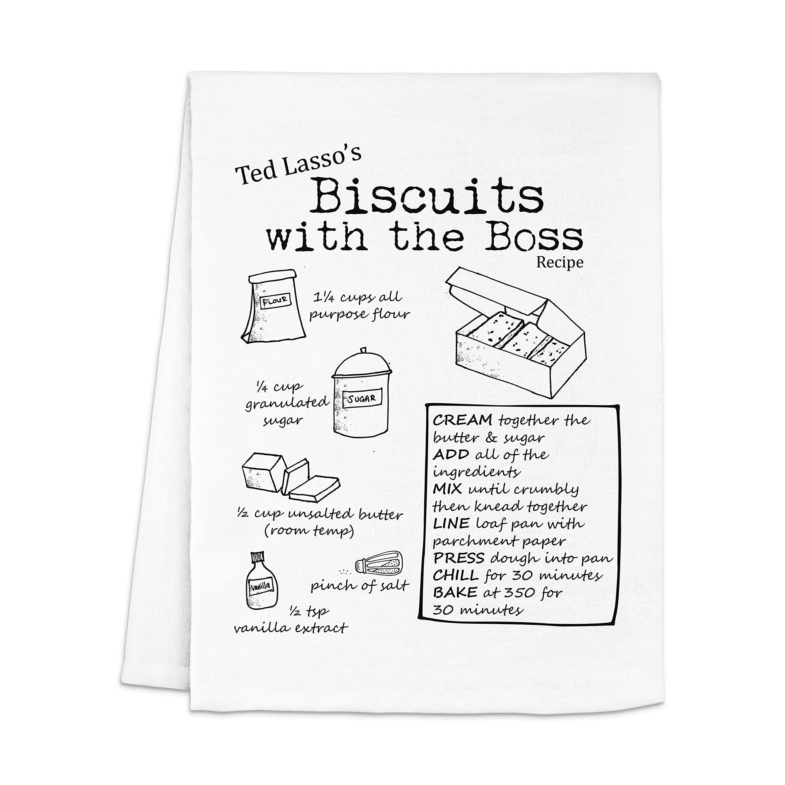 Funny Dish Towel - Biscuits With The Boss Flour Sack Kitchen Towel | Sweet Housewarming Gift & Farmhouse Kitchen Decor | White or Gray Cotton Towel for Baking, Cooking & Home Decor