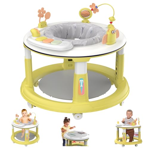 Adjustable Baby Walker for 6-12 Months | 5 Height Settings, 360° Swivel Seat with Music & Detachable Toys | Safe Activity Center for Boys & Girls (Yellow) - Perfect for Learning to Walk & Playtime Fun