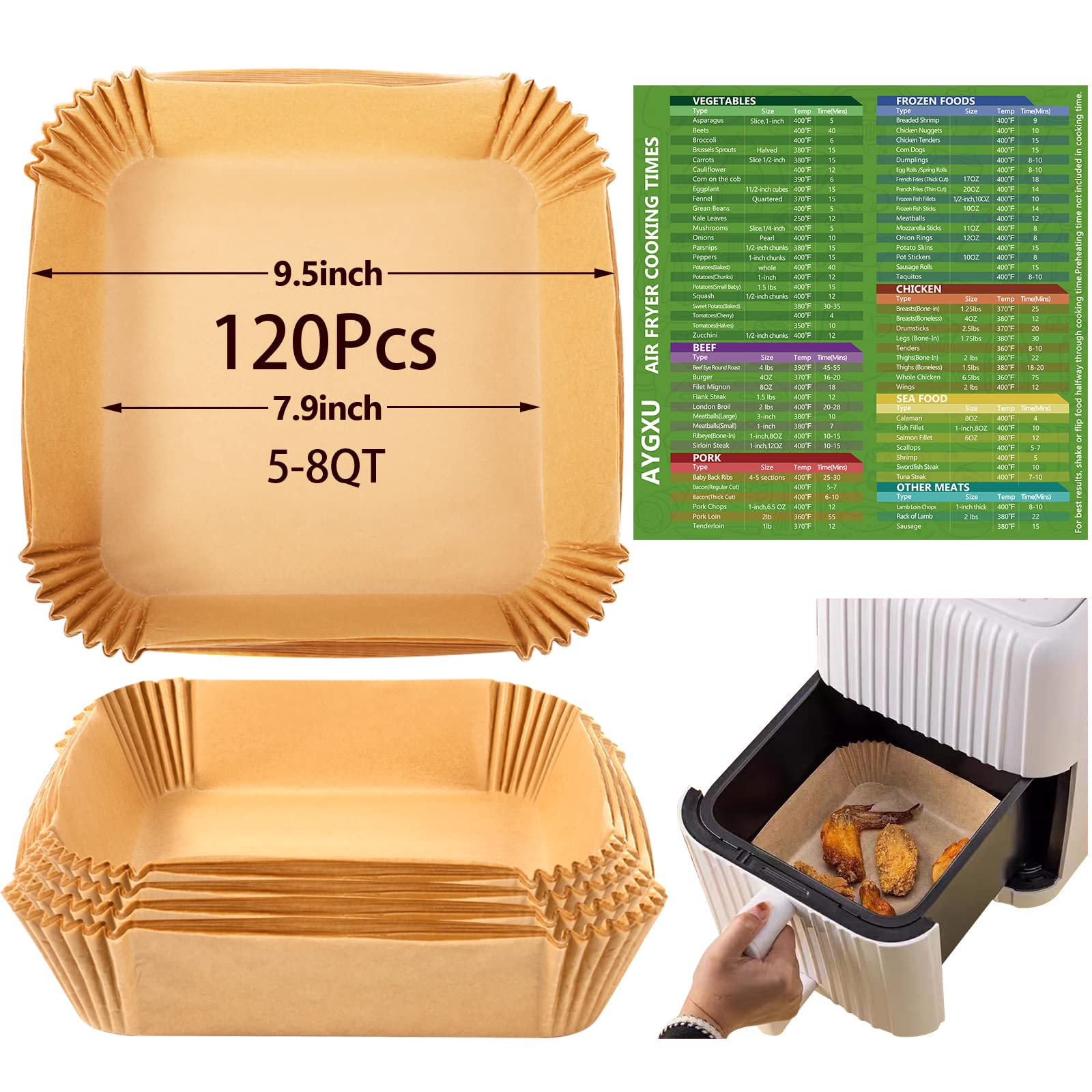 120PCS Air Fryer Paper Liners - Square Disposable Non-Stick Parchment Sheets for Baking & Roasting | Food Grade, Oil & Waterproof | Perfect for Air Fryer, Oven & Meal Prep