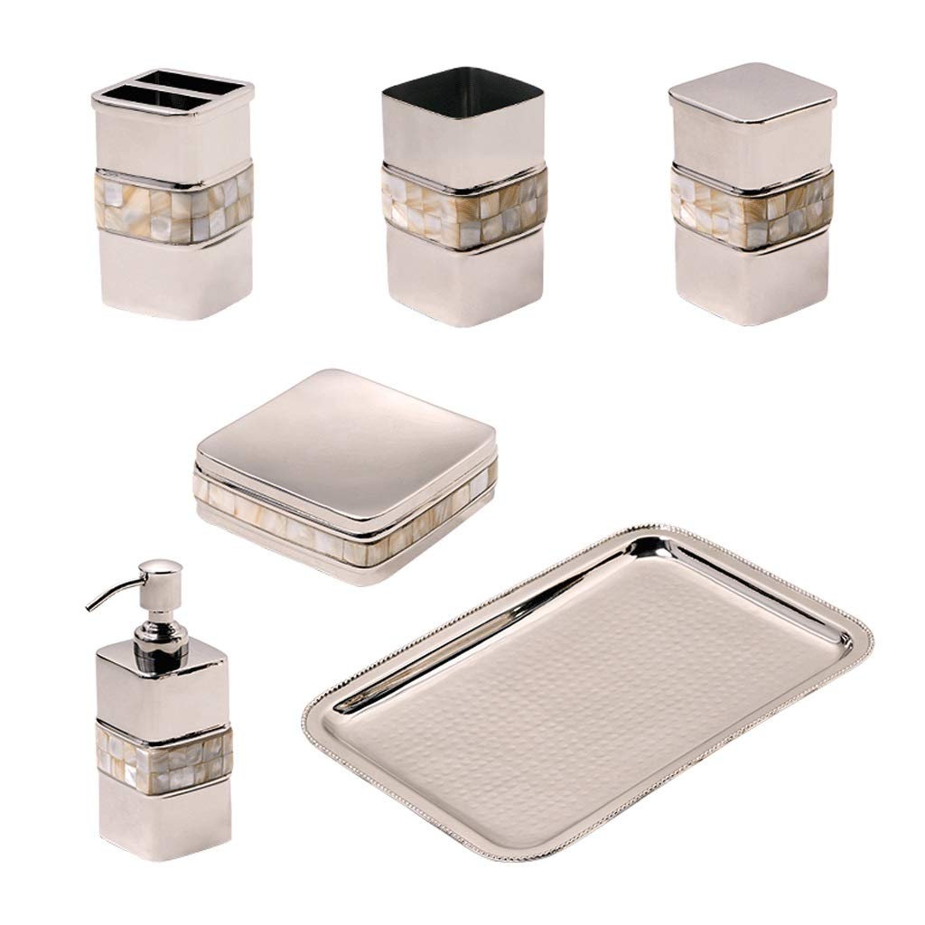 Stainless Steel Soap Dispenser Pump - 700ml/23.6oz Kitchen & Bathroom Liquid Soap Container with Decorative Ring - 6-Piece Bathroom Set for Countertop, Shower, and Sink (Perfect for Modern Home, Restaurant, and Hotel Use)