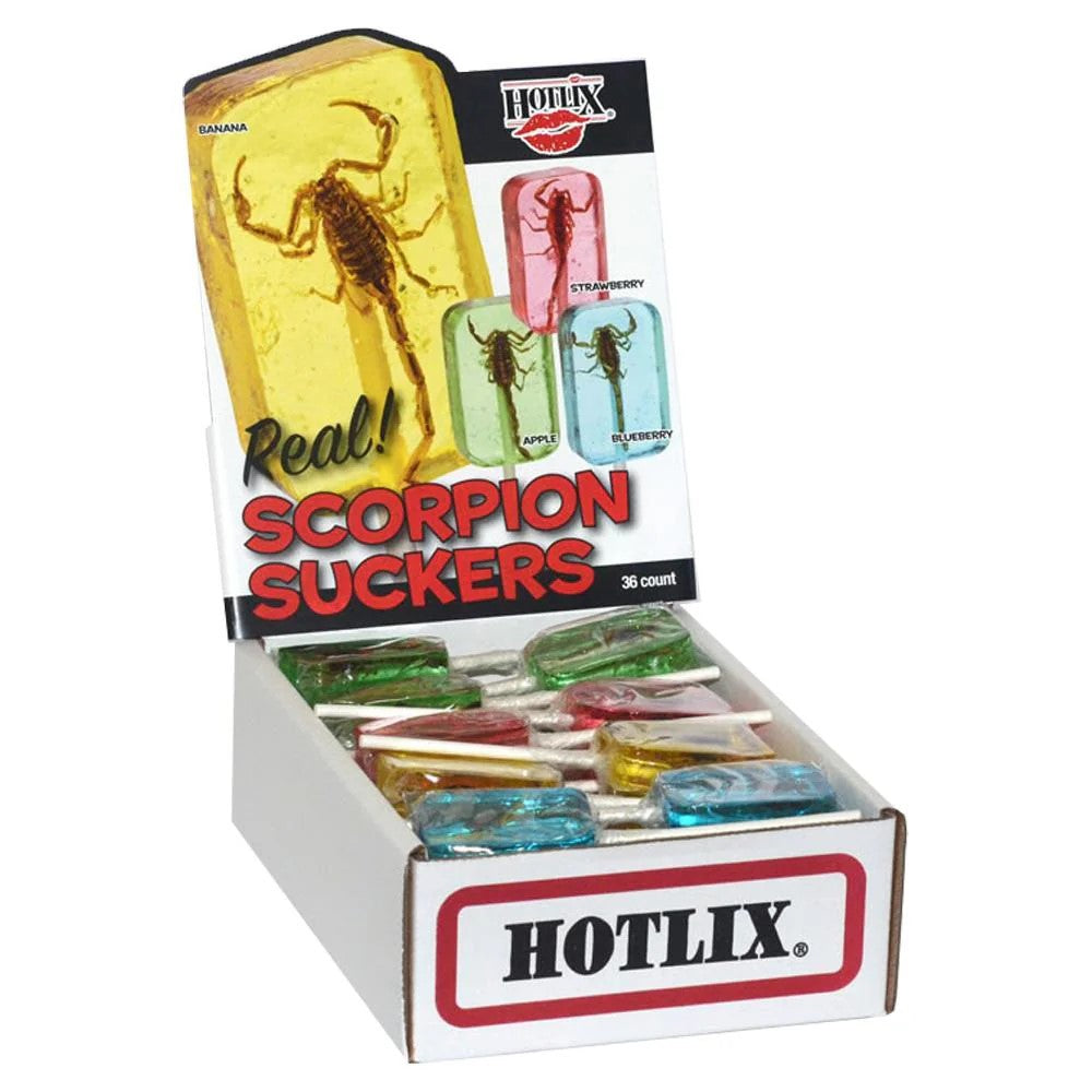 Hotlix Scorpion Suckers Candy - Assorted Flavors 1oz (36 Count Box) | Unique Edible Insects for Halloween, Prank Gifts & Adventure Snacks